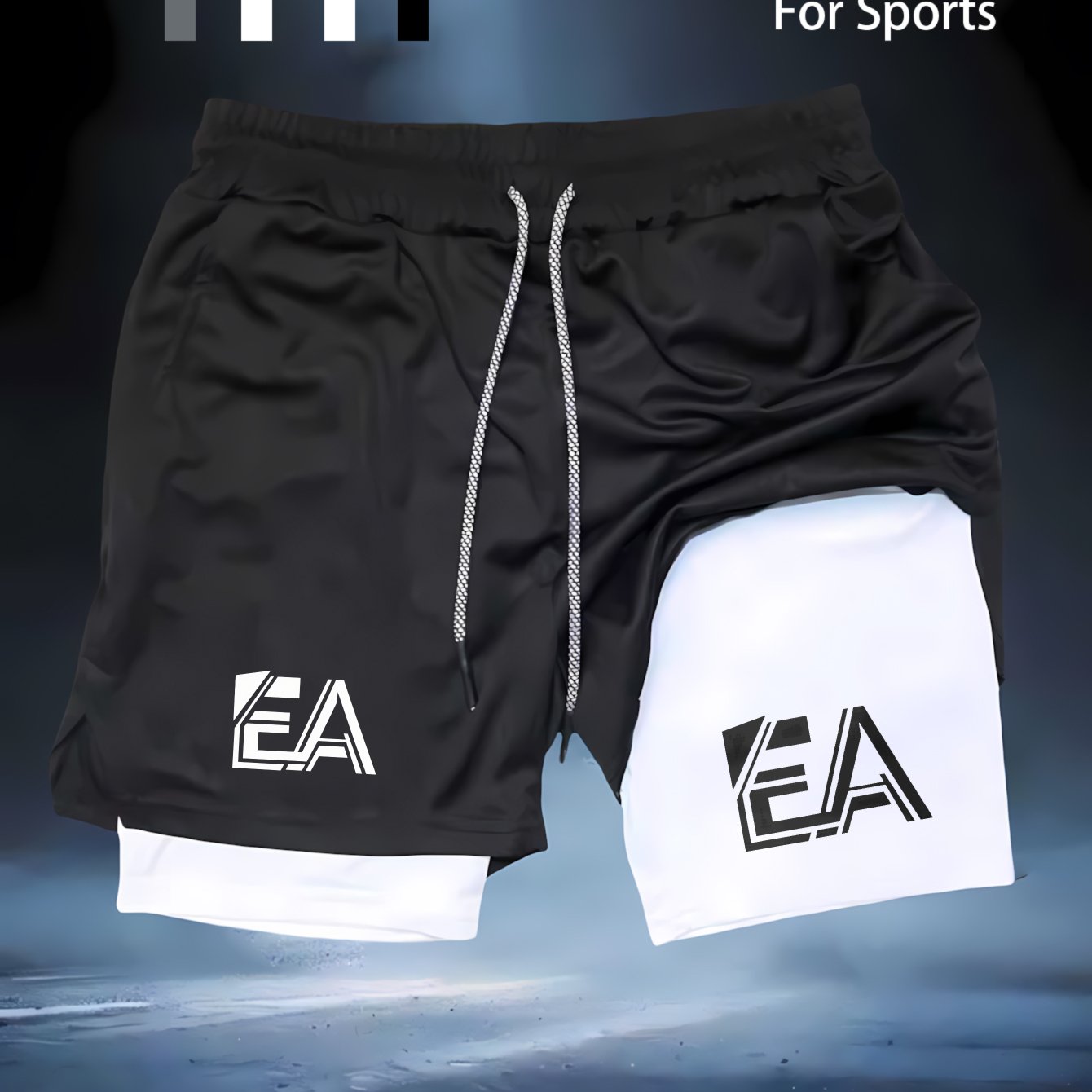 Dvoplastne fitnes kratke hlače s črno-belim logotipom, hitro sušeče, za tek, črno-beli EA logotip