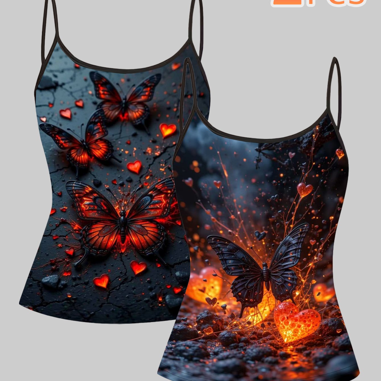 TEMU Plus Size, 2pcs Plus Size Flaming Heart Print Camisole, Dark Spicy Style, Sleeveless Top