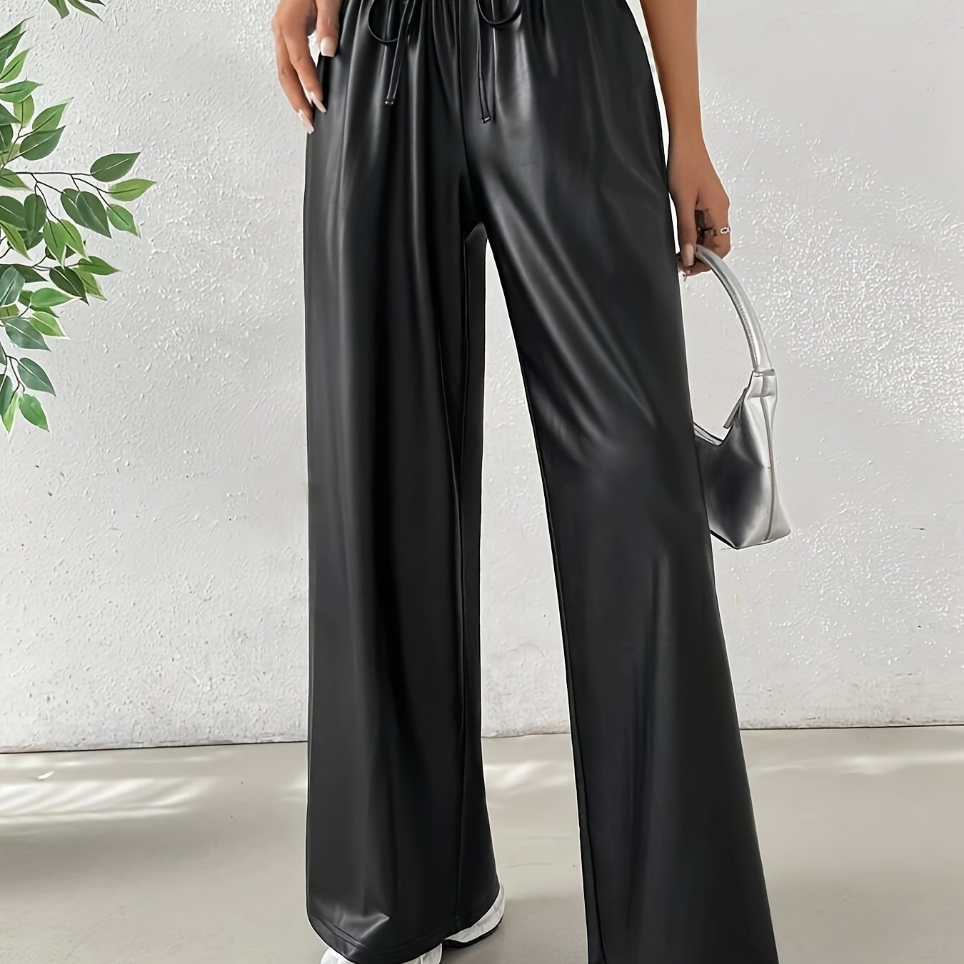Women's Faux Leather Solid Color Casual Straight Leg Trousers, Autumn Daily Outing Casual Pants, Women's Trousers