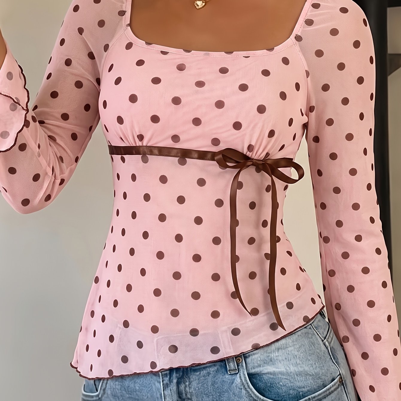 TEMU Women's Pink Polka Dot Mesh Shirt With Square Neck, Flared Long Sleeves, Bow Tie Waist, Slim Fit Y2k Coquette Sheer Top