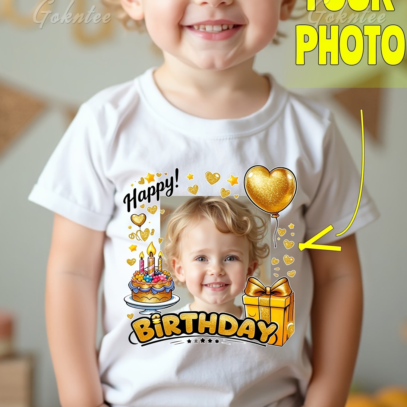 TEMU Customized Personalized Birthday Photo Custom T-shirt Happy Birthday Heart-shaped Balloon Cake Gift Cartoon Pattern Print Boys' Fashion Short