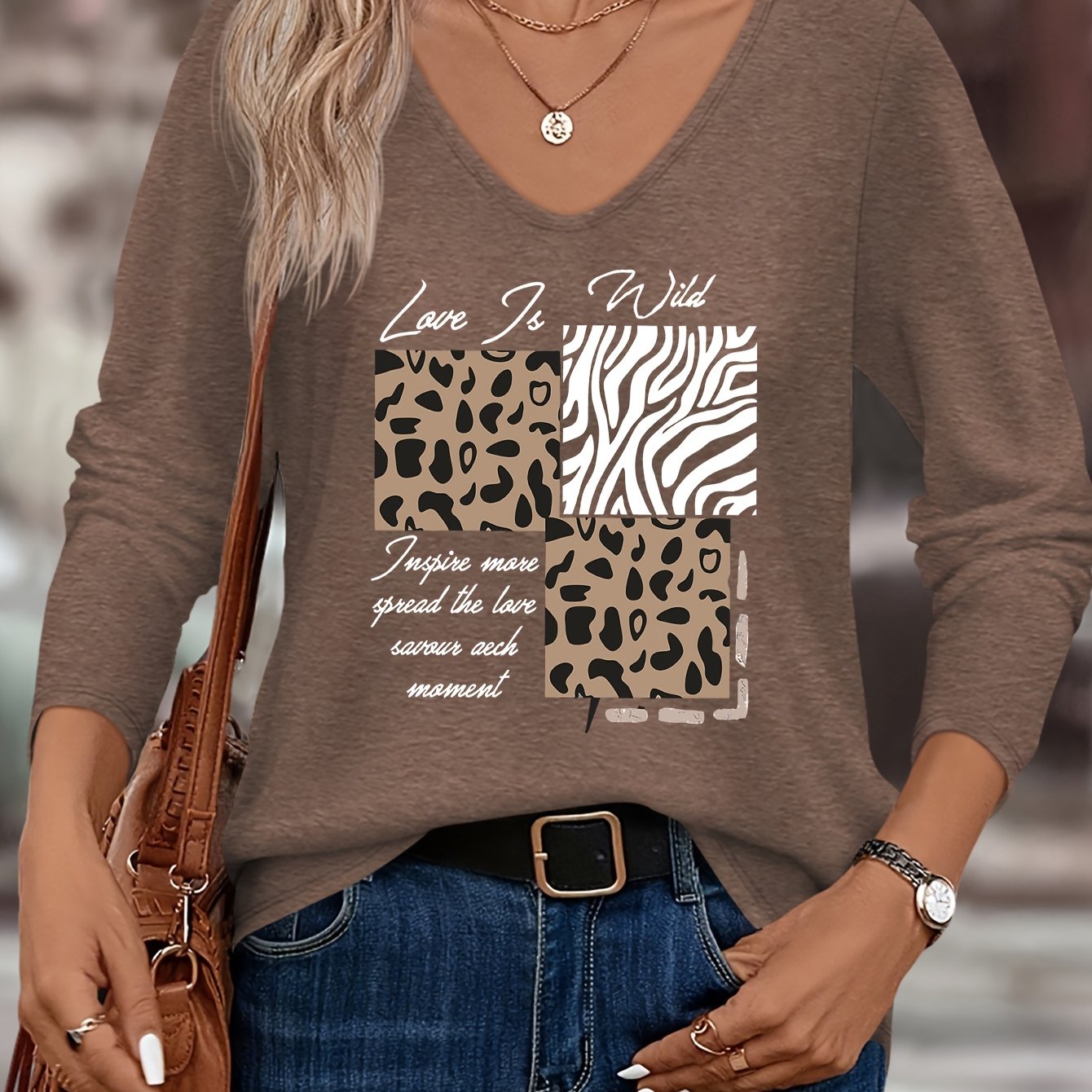 TEMU T-shirt à col en V pour femme, printemps-automne, style western, motif zèbre et léopard, tendance, décontracté, confortable, loisirs, mode,