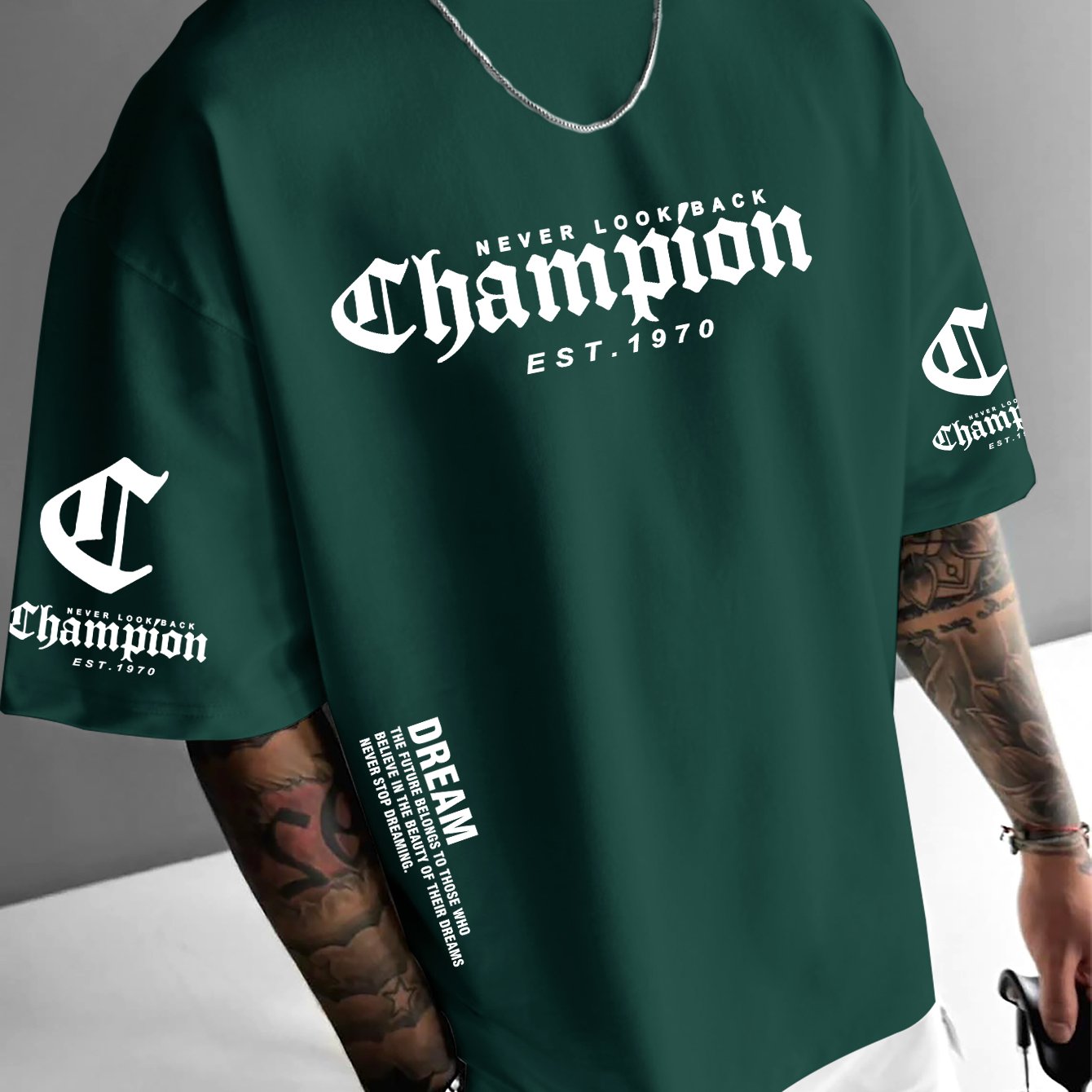 TEMU Men's T-shirt, [print Design-not Textured] Hot-blooded Style Men's Trendy T-shirt, Dream Inspirational Slogan And Slogan Combination All-match