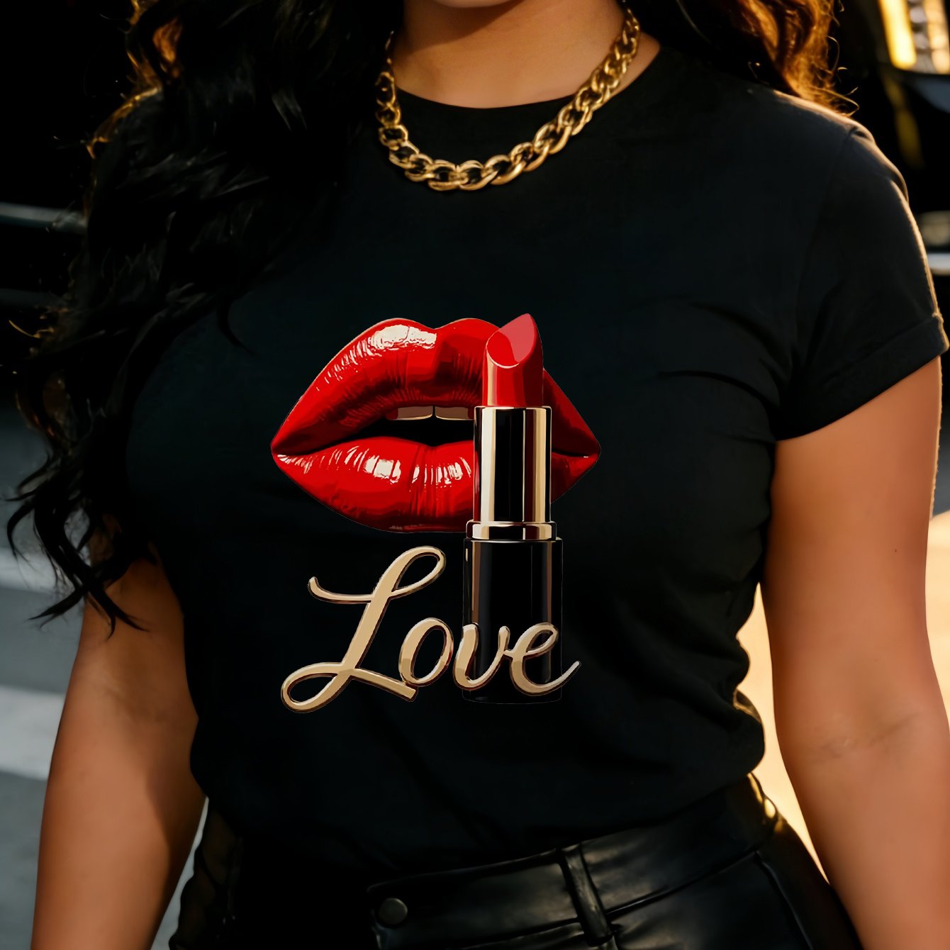 TEMU T-shirt décontracté pour femme, col rond, manches courtes, avec imprimé "Love" et lèvres rouges de rouge à lèvres, tenue , convient pour , et la