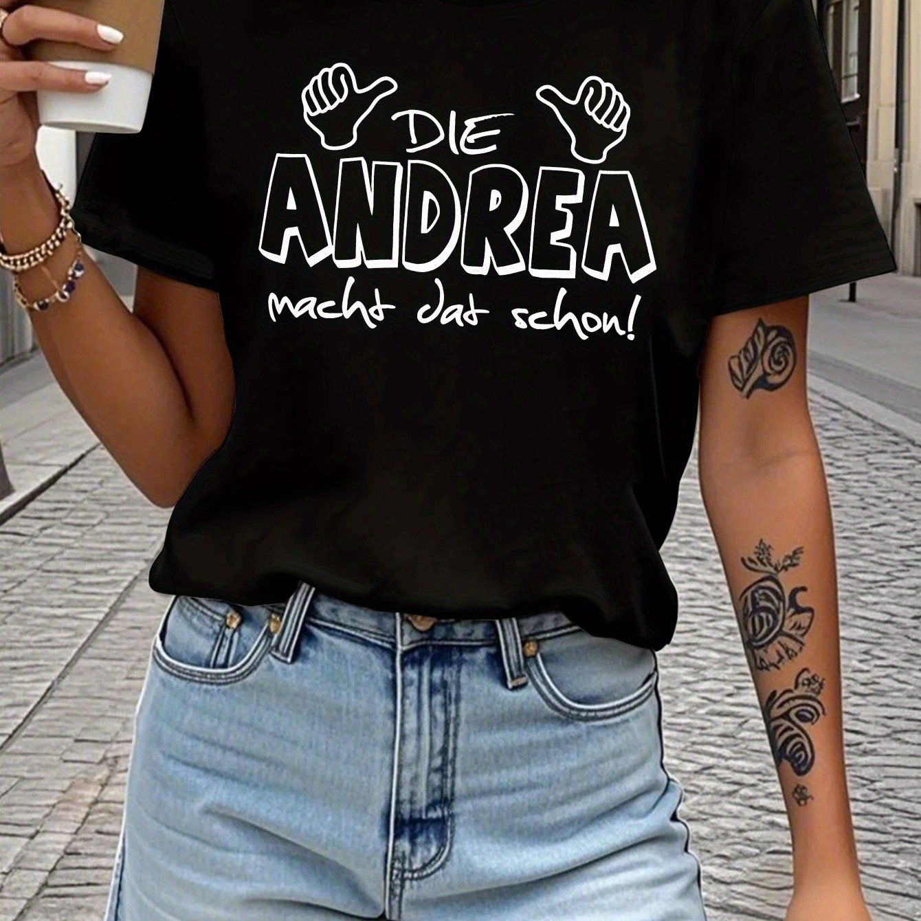 TEMU Teediy Damen "Die Macht Das Schon!" ( ) Grafik T-Shirt - 100% Bequeme Passform Kurzarm Freizeit Top mit Daumen-Hoch Design & Geometrischem