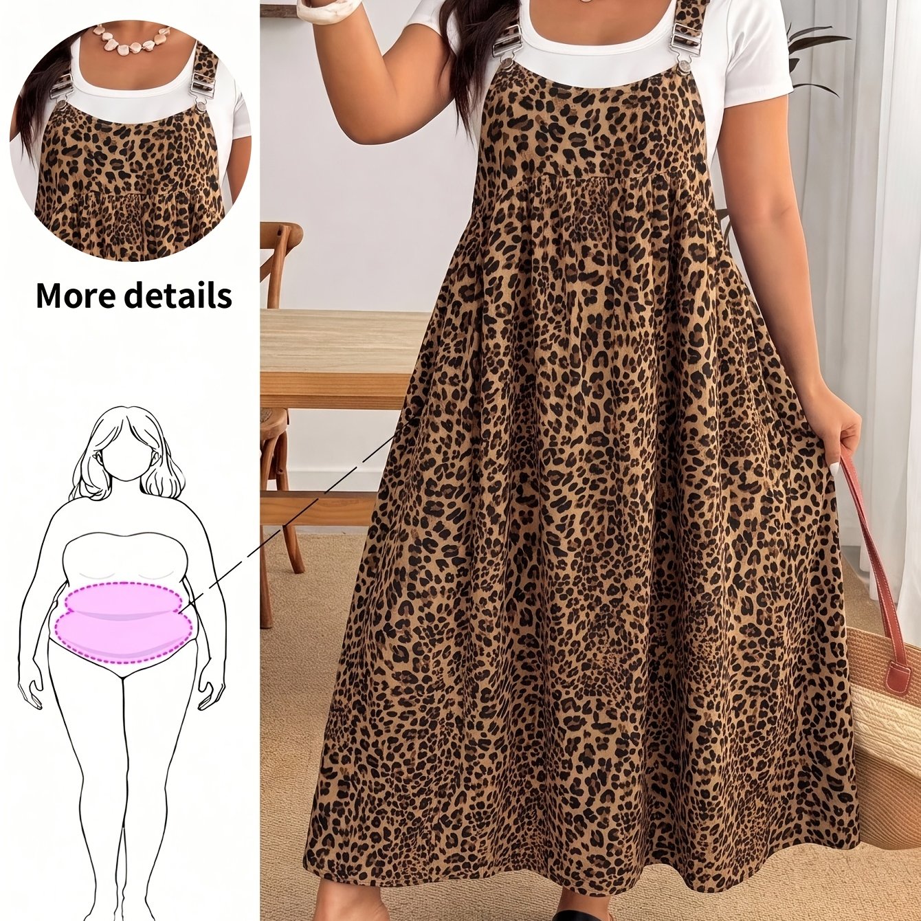 TEMU Plus Size - Retro Leopard Print Sleeveless Suspender Maxi Dress, Plus Size Women's High-waist Pleated Loose Full Skirt Dress, Plus Size Leopard
