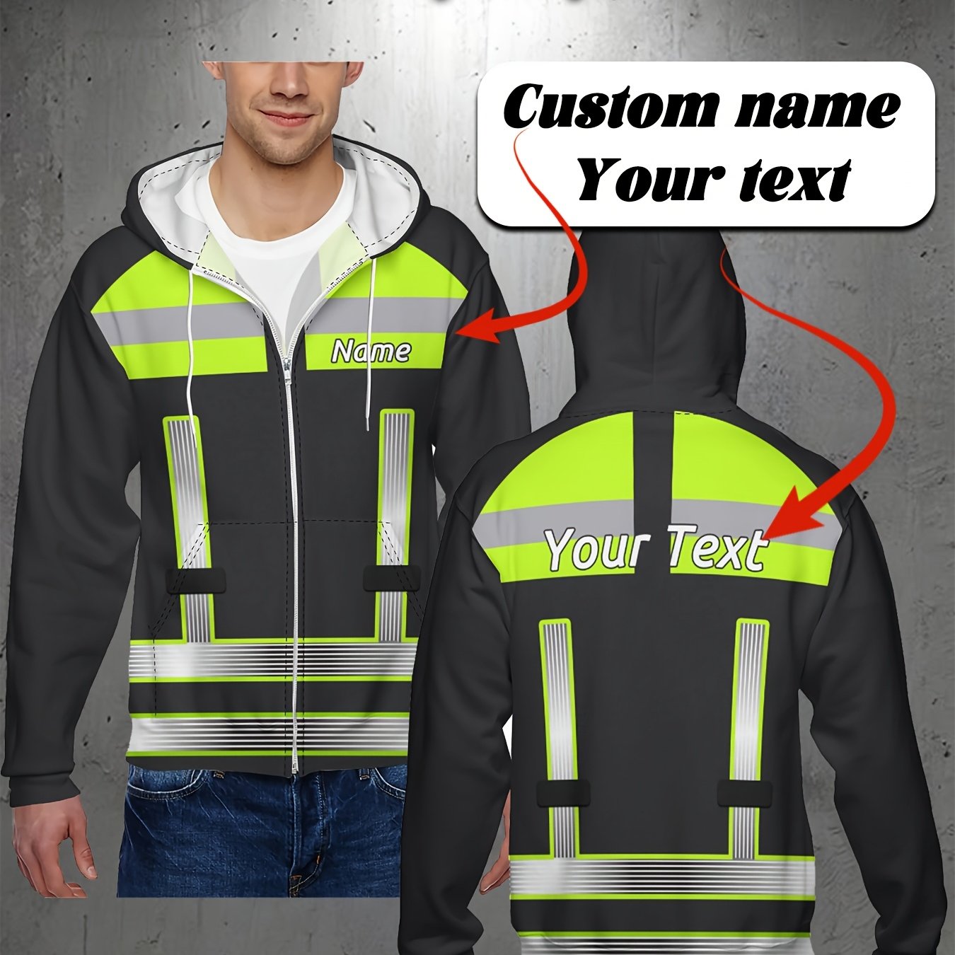 TEMU Custom Men's Large Size Casual Zip-up Hoodie, Personalized Name And Text Support, Contrast Color For , Regular Fit, Full Print Design For Spring