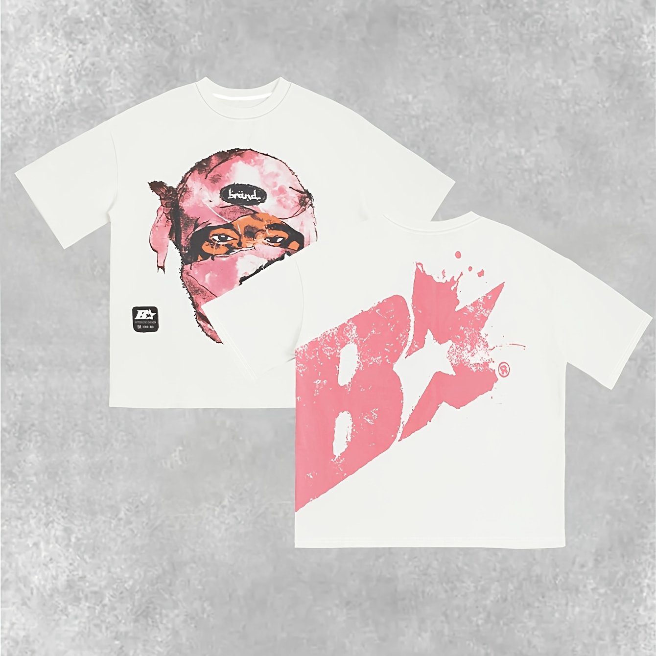TEMU Print Design, No Texture No No Sequins No Denim No Additions, Sheer Fabric, Men's Short Sleeve - Retro Masked Figure Letter Print Round Neck