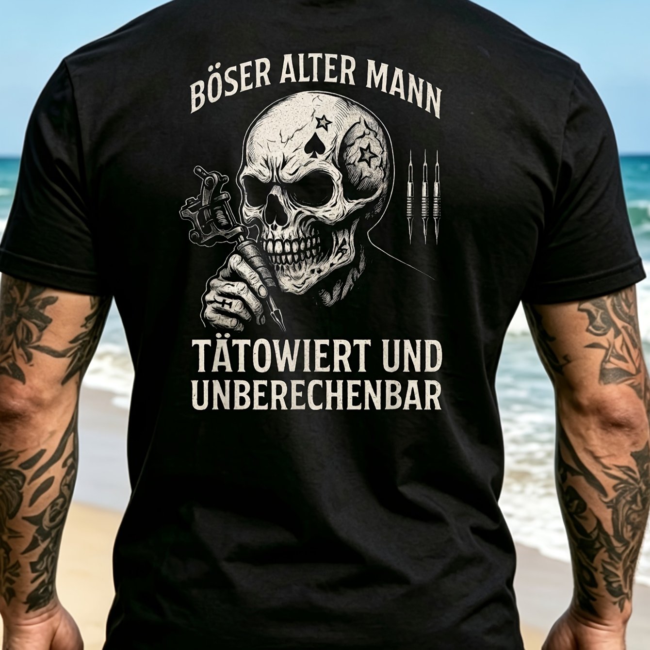 Edgy Graphic Men's T-shirt Skull Tattoo Design With German Text Alter Mann Tattooed And Streetwear Style For Casual Wear And Autumn Perfect Gift For Him Back Print Back Outdoor Leisure Breathable