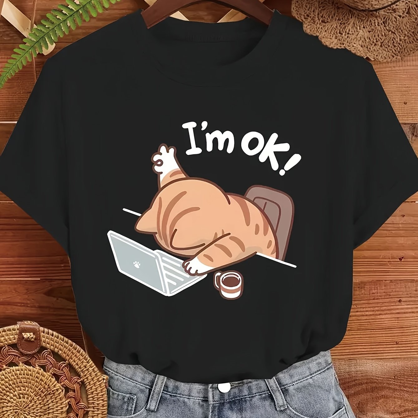 TEMU Fashionable "" Cat Print T-shirt For Women, Casual Round Neck Short Sleeve Tee, Machine Washable, For Spring And Summer