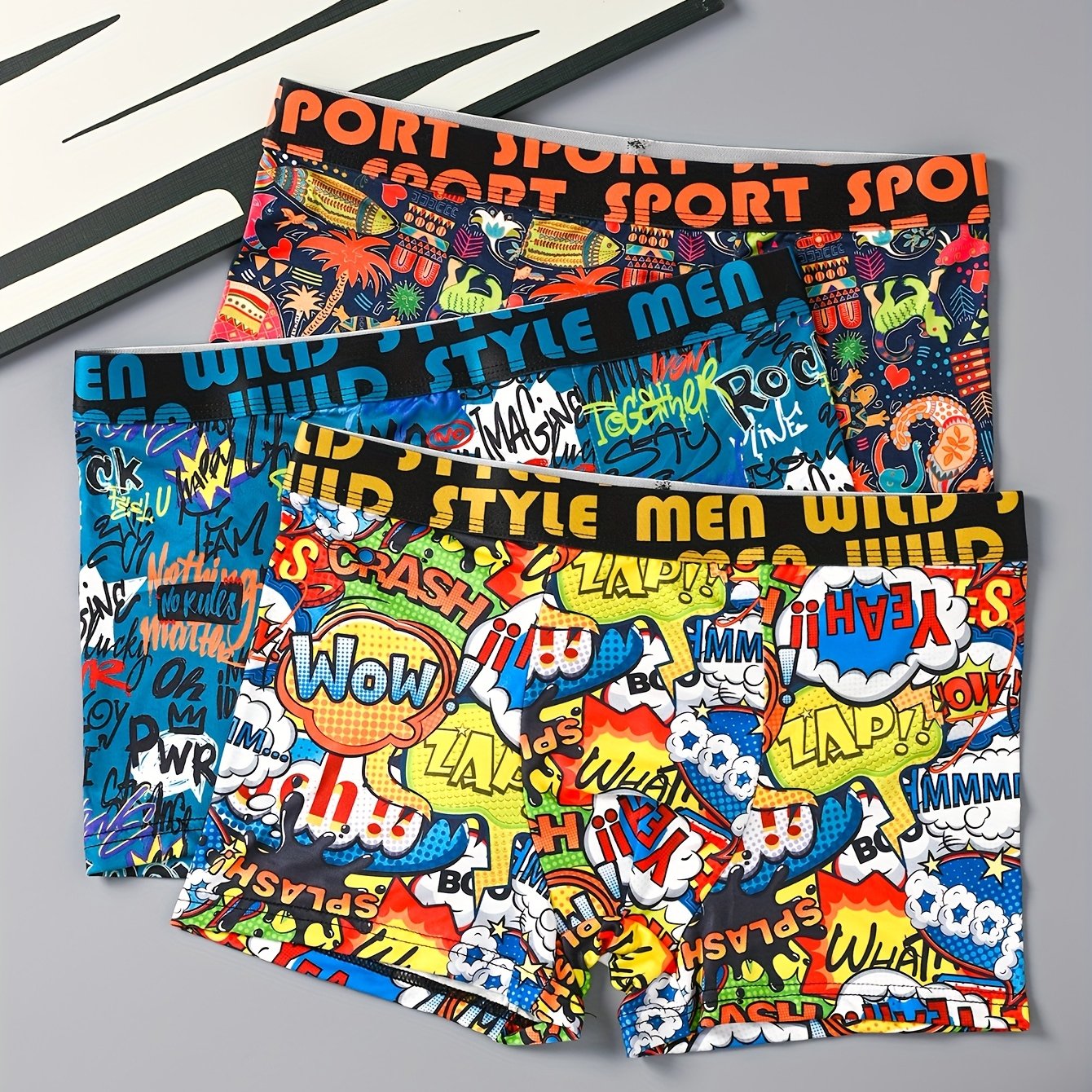 TEMU 3pcs Men's Boxer Briefs - Geometric Graffiti - Breathable, Stretchy Polyester - Soft Polyester Fiber Spandex Casual Underwear