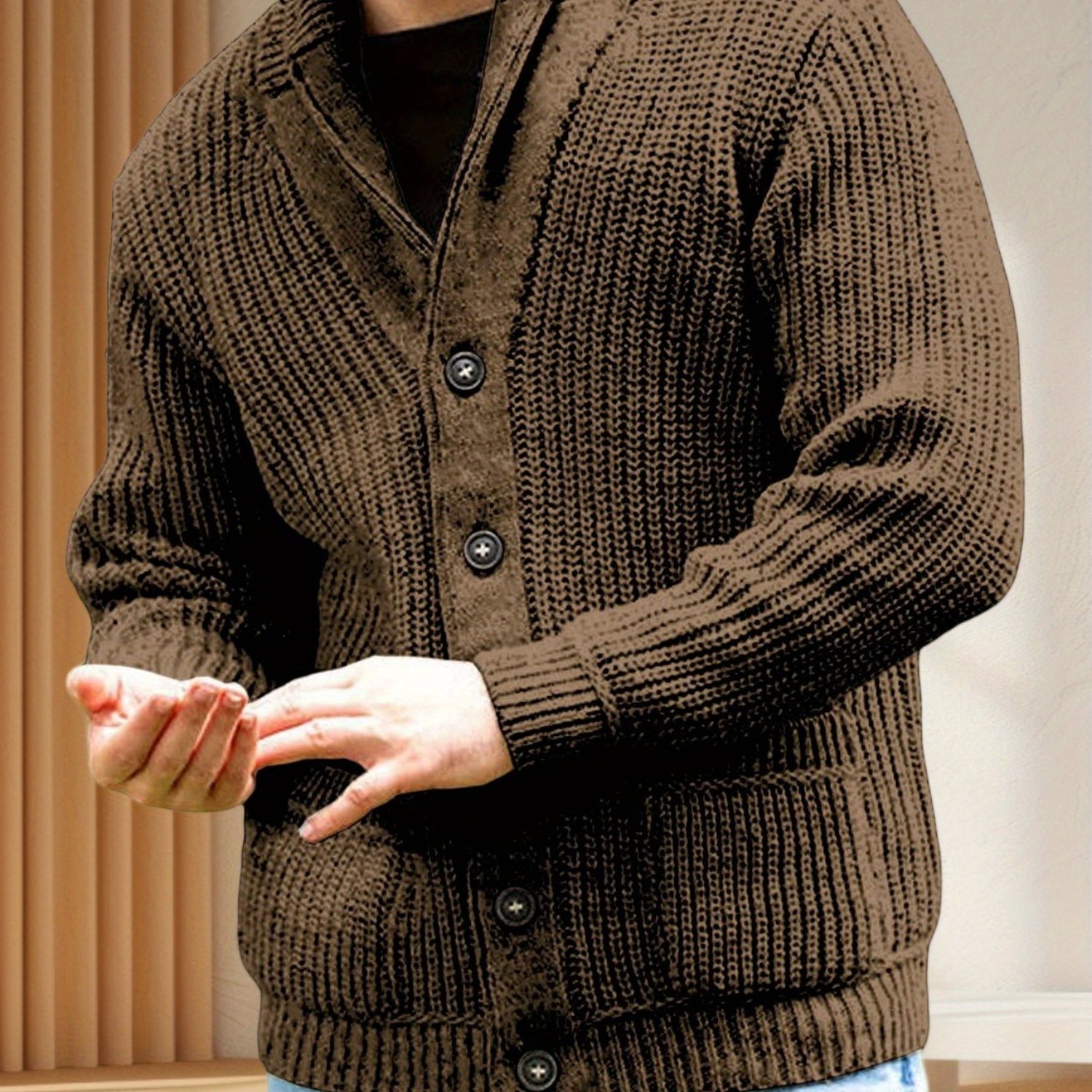 Plus Size Men's Chunky Knit Cardigan Casual Shawl Collar Long Sleeve Button Knitted Jumper Tops, Plus Size