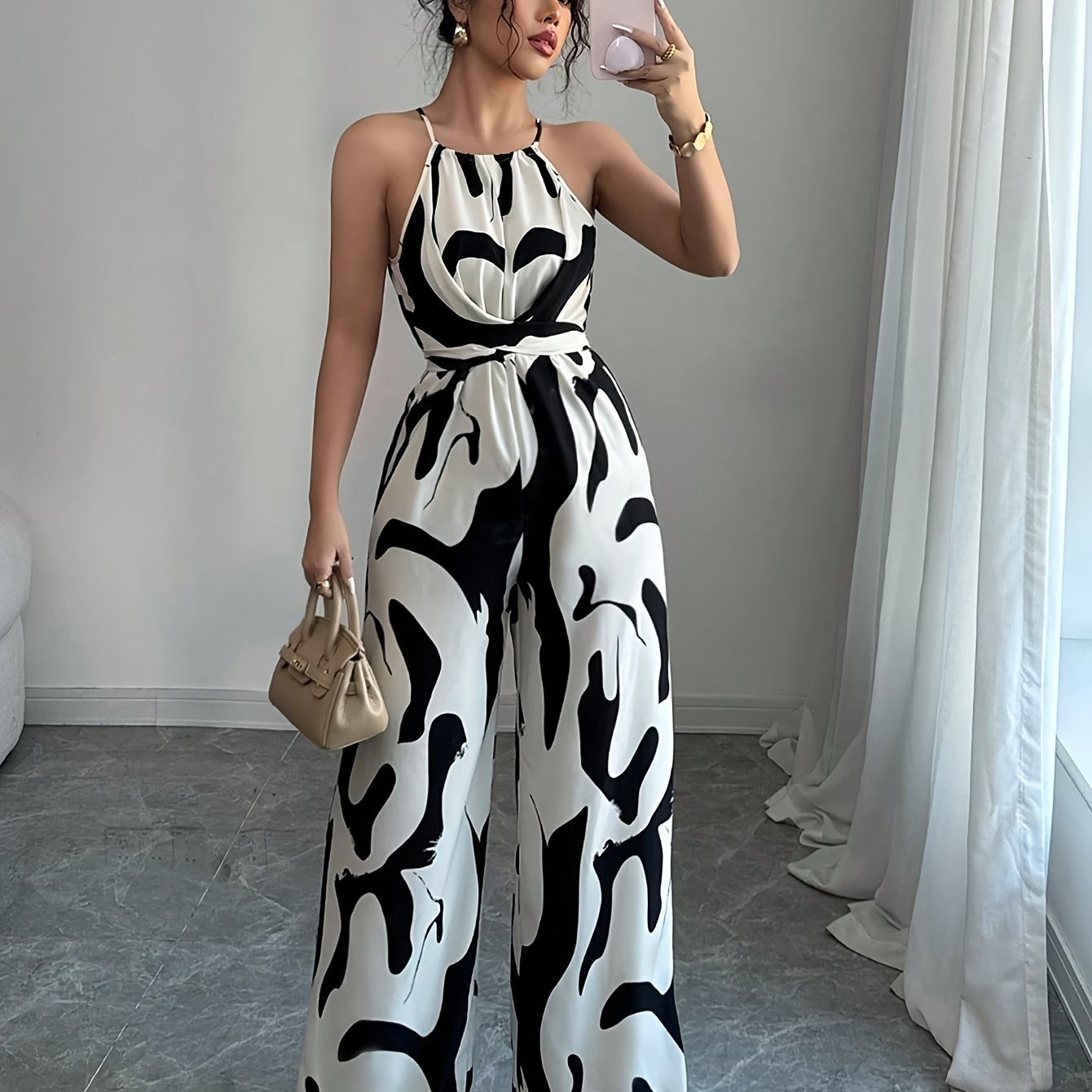 TEMU Women's Halter Neck Off-shoulder Jumpsuit, Elegant For Vacation And Casual Attire