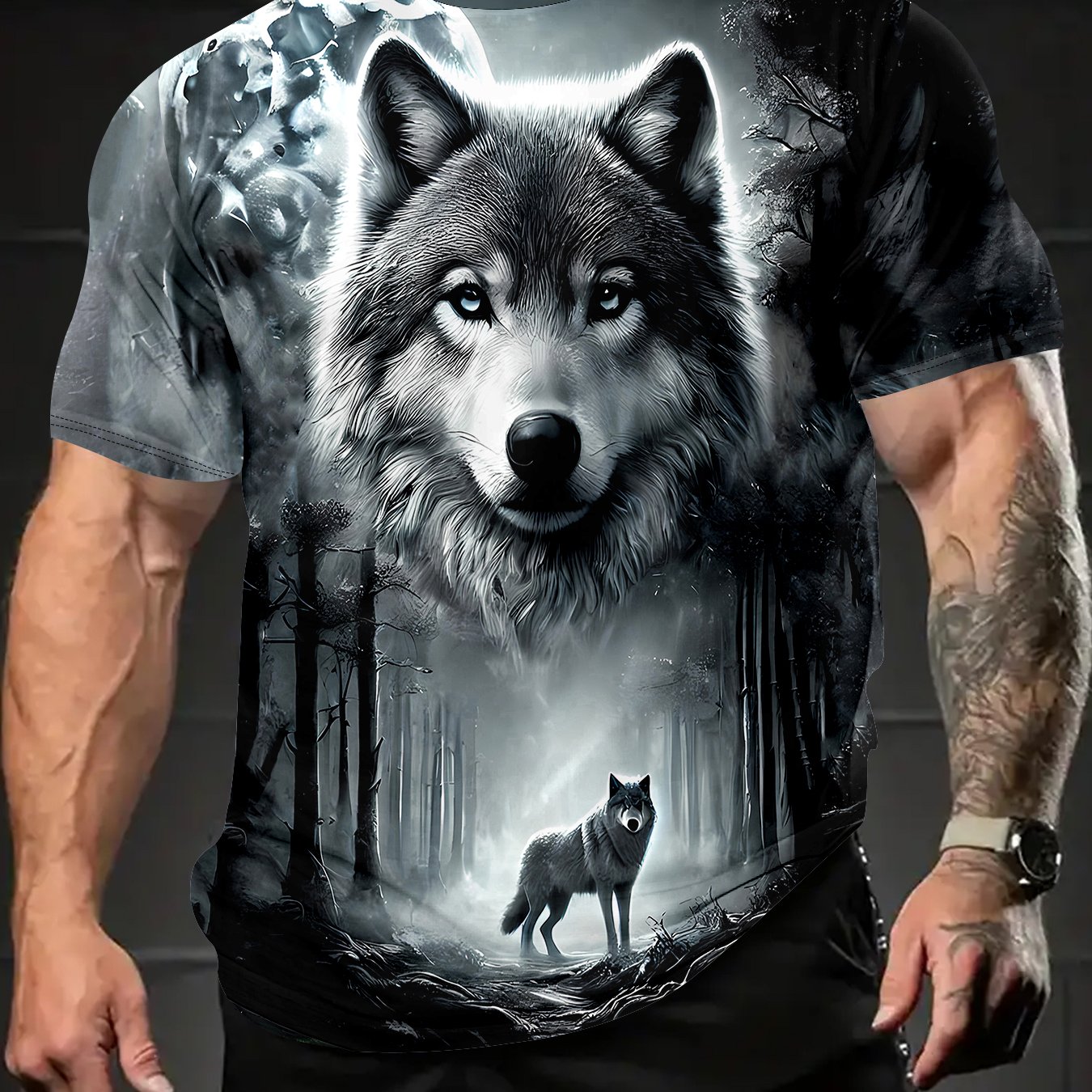 TEMU 3d Wolf Forest Print Men's Round Neck T-shirt â Summer Casual Wear For Outdoor Activities, Running, Gym & | Fashionable Breathable Top With