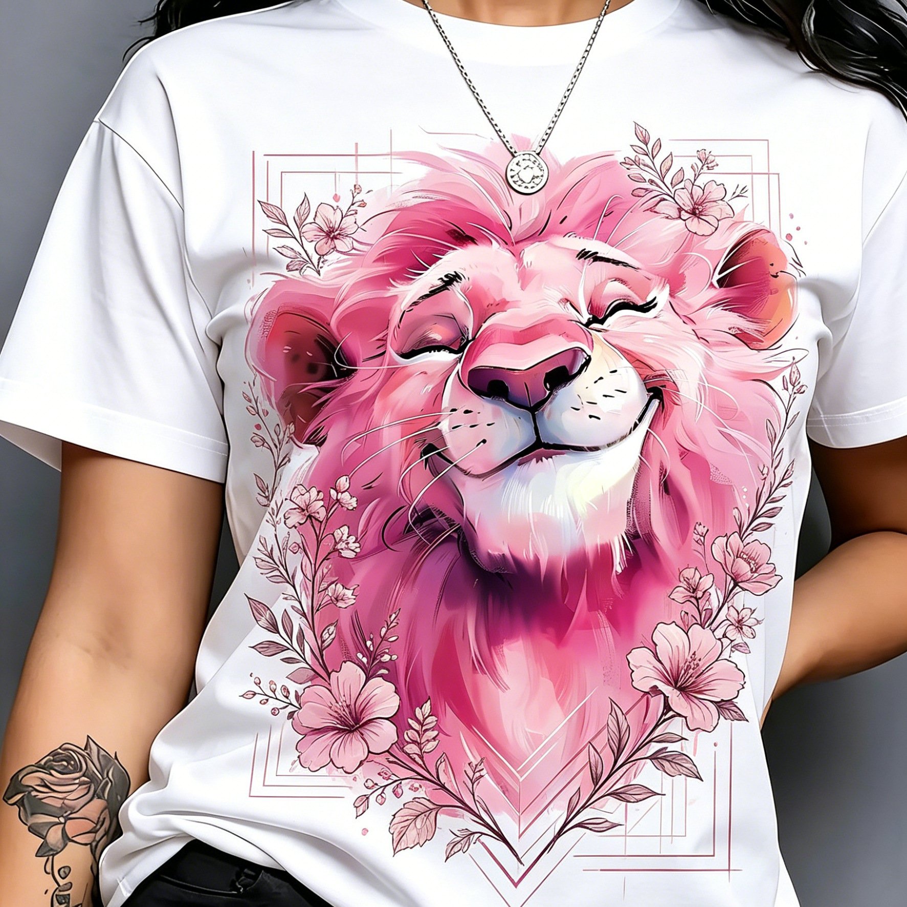 TEMU Plus Size, White T-shirt With Pink Lion Print - Full-body Watercolor Lion, Round Neck Casual Top Suitable For Spring/summer Casual Attire,
