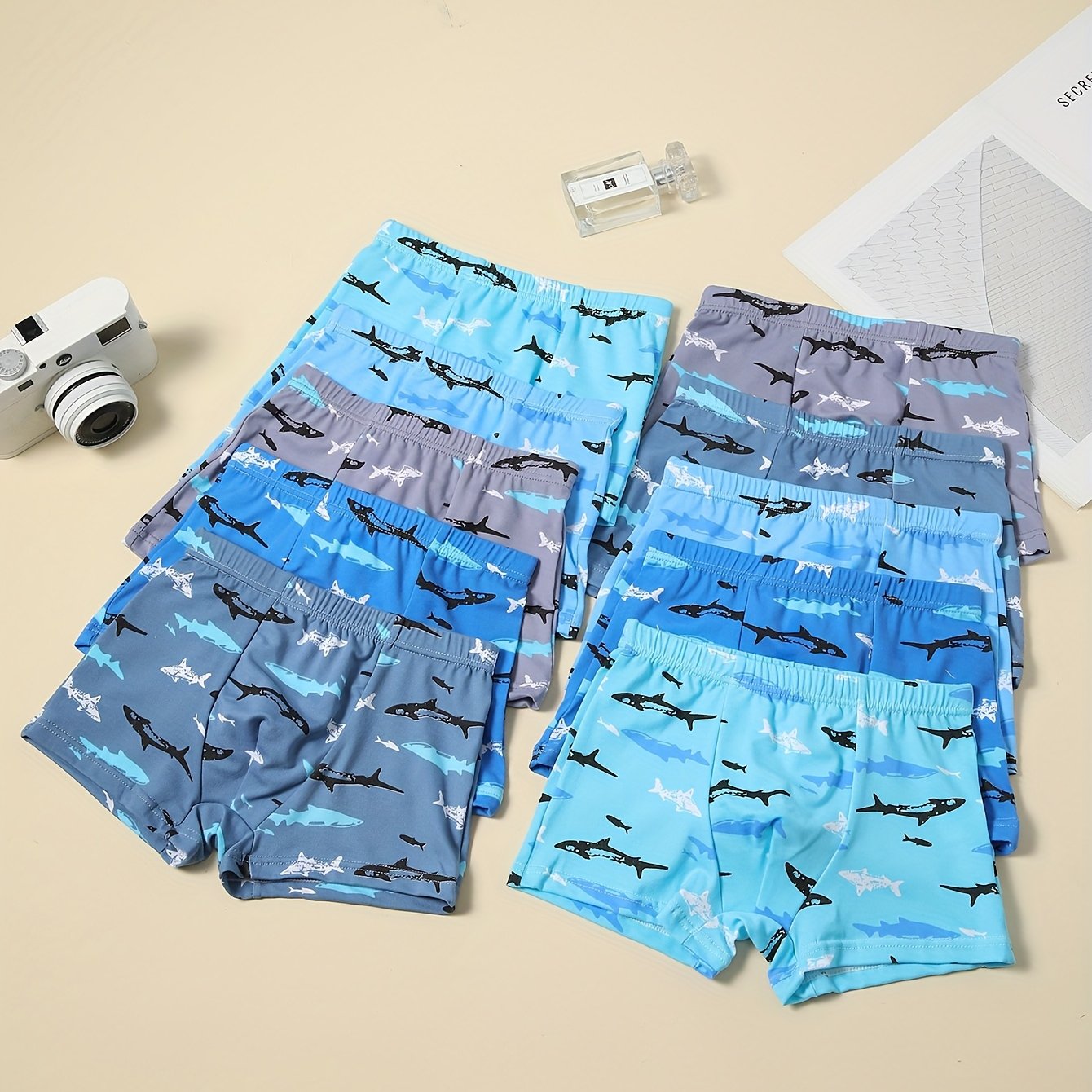 10 Pack Of Comfortable And Breathable Cartoon Shark Boys' Boxy Underwear