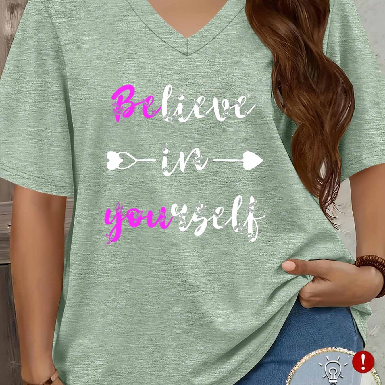 TEMU Plus Size Women's Fashion European And Casual Sporty Simple "believe In Yourself" Text And Graphic Print V-neck Short Sleeve T-shirt, Loose Fit