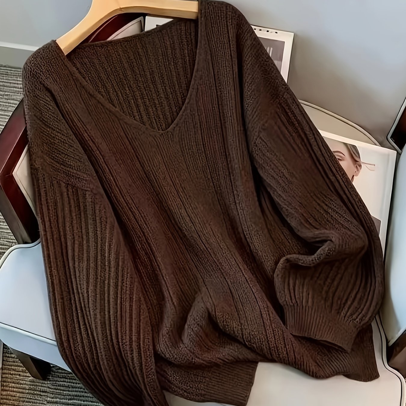 TEMU Autumn Winter New Elegant Fashion Solid Color Striped V-neck Long Sleeve Women's Sweater, Soft Comfortable Breathable Casual Sweater, Versatile