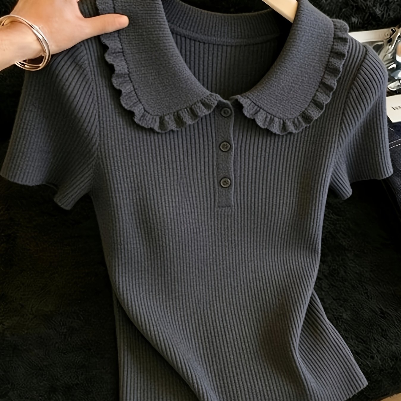 TEMU レディース 夏服 半袖セーター ラペルボタンデザイン プルオーバー 春夏用