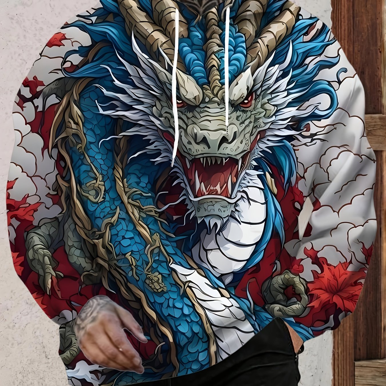 TEMU [print Design - Non-textured] Men's Casual Sporty Fashionable Trendy Fitness Outdoor Home Hooded Sweatshirt, Mythical Dragon Print Sweatshirt,