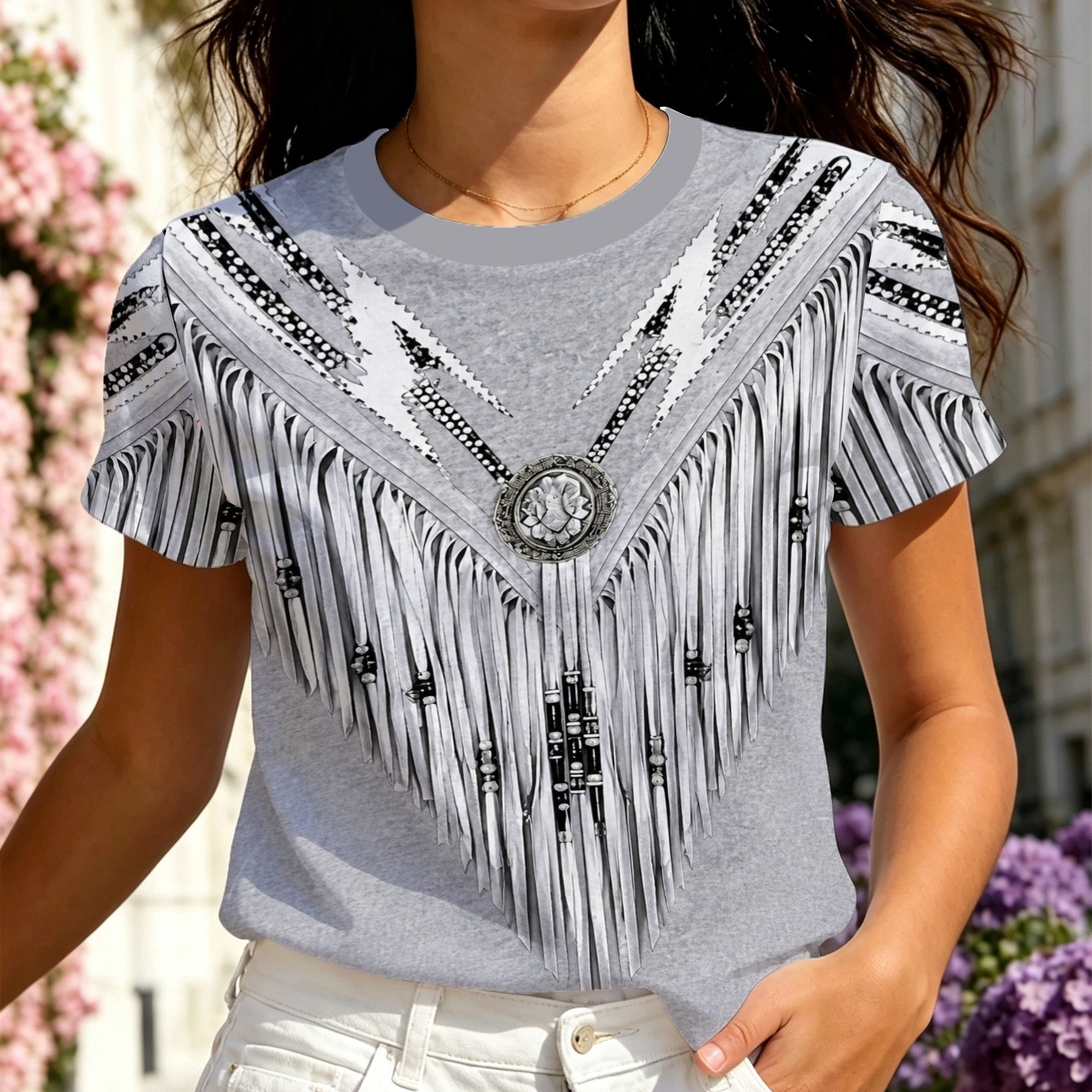 TEMU T-shirt pour femme de style ethnique à motif imprimé [Imprimé - Non texturé], de et d'un imprimé à géométriques, t-shirt à manches courtes, haut