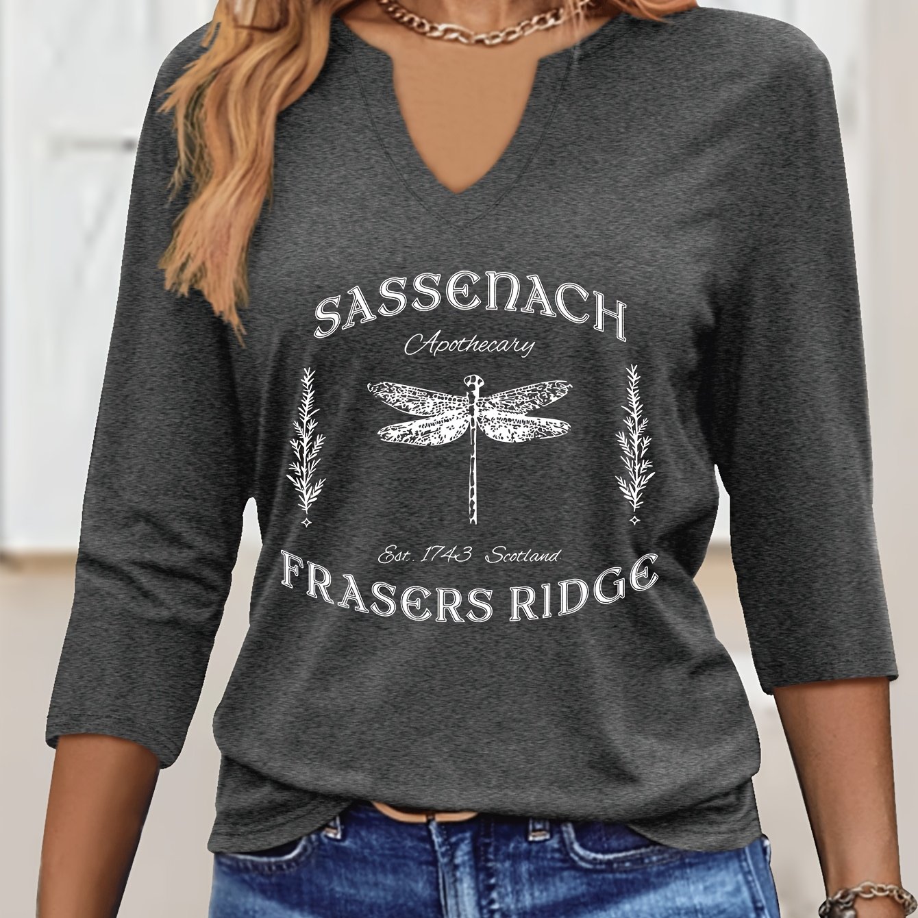 TEMU 1743 Pharmacist Dragonfly Letter Printed Spring And Summer Fashion Casual V-neck Three-quarter Sleeve Top 79320