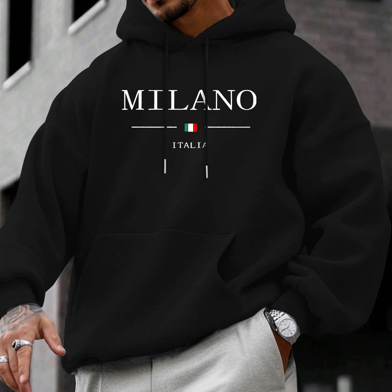 TEMU Sudadera con capucha ITALIA Milán Italia Logo Letra para , Otoño Invierno, Forro Polar , Jersey Estilo Pareja , Larga, y , ideal para el frío
