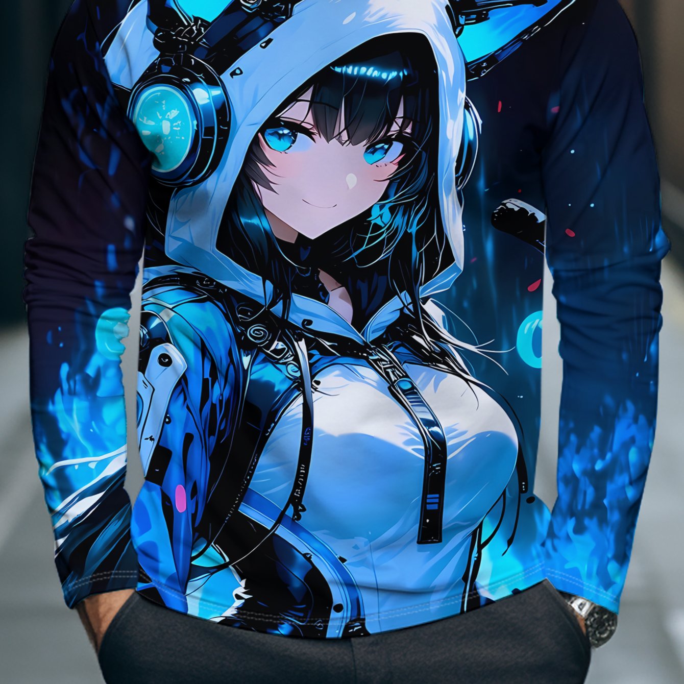 TEMU Men's Casual Long-sleeve T-shirt With Style Girl, Cat Ear Headphones Hoodie, Tail With Mechanical Ring Light - Has A Strong Personality,