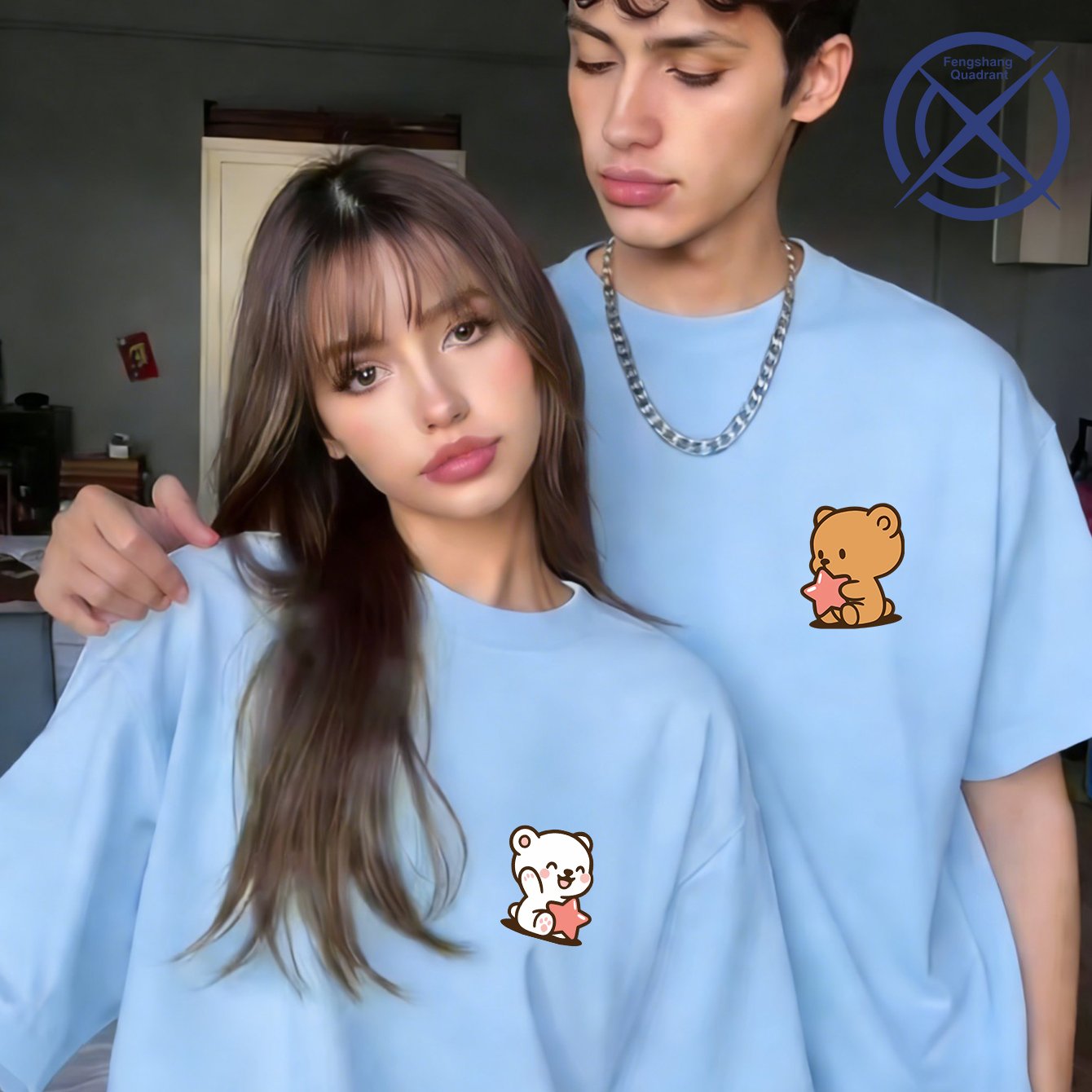 TEMU Embracing A Pentagram Couple Pattern Print In 1pc, Short Sleeved Couple Date, Dinner/-in, Multi Scene Wearing, Personalized , Couple T-shirt,