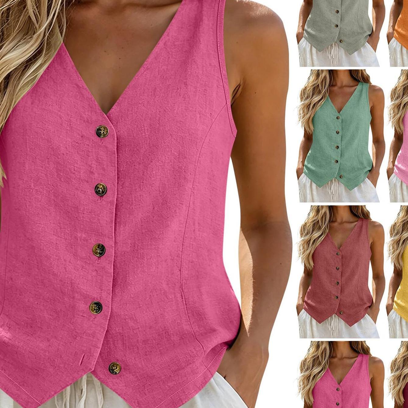 Women Solid Color Button V Neck Casual Cami, Material Stylish Pointed Hem Tailoring Body Flattering Minimalist Vibe