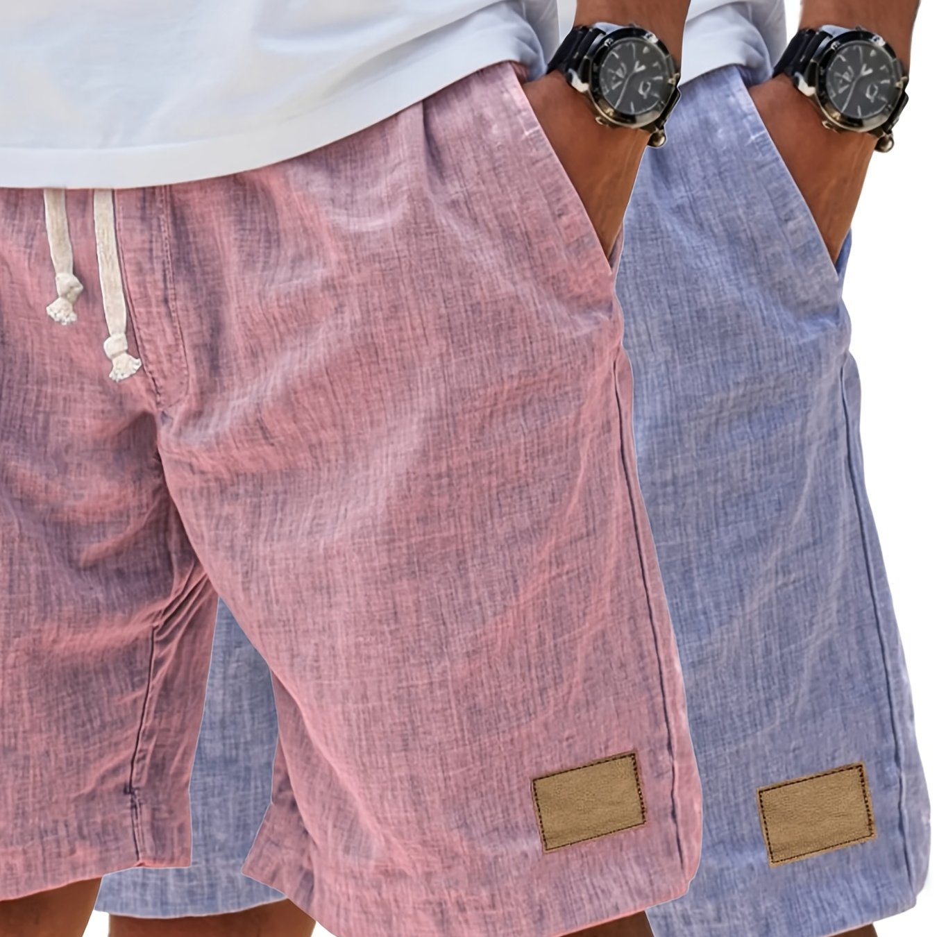 Image of 2pcs Set 2026 's Retro, Breathable Linen, Relaxed-fit Holiday Shorts - Stylish Casual Shorts