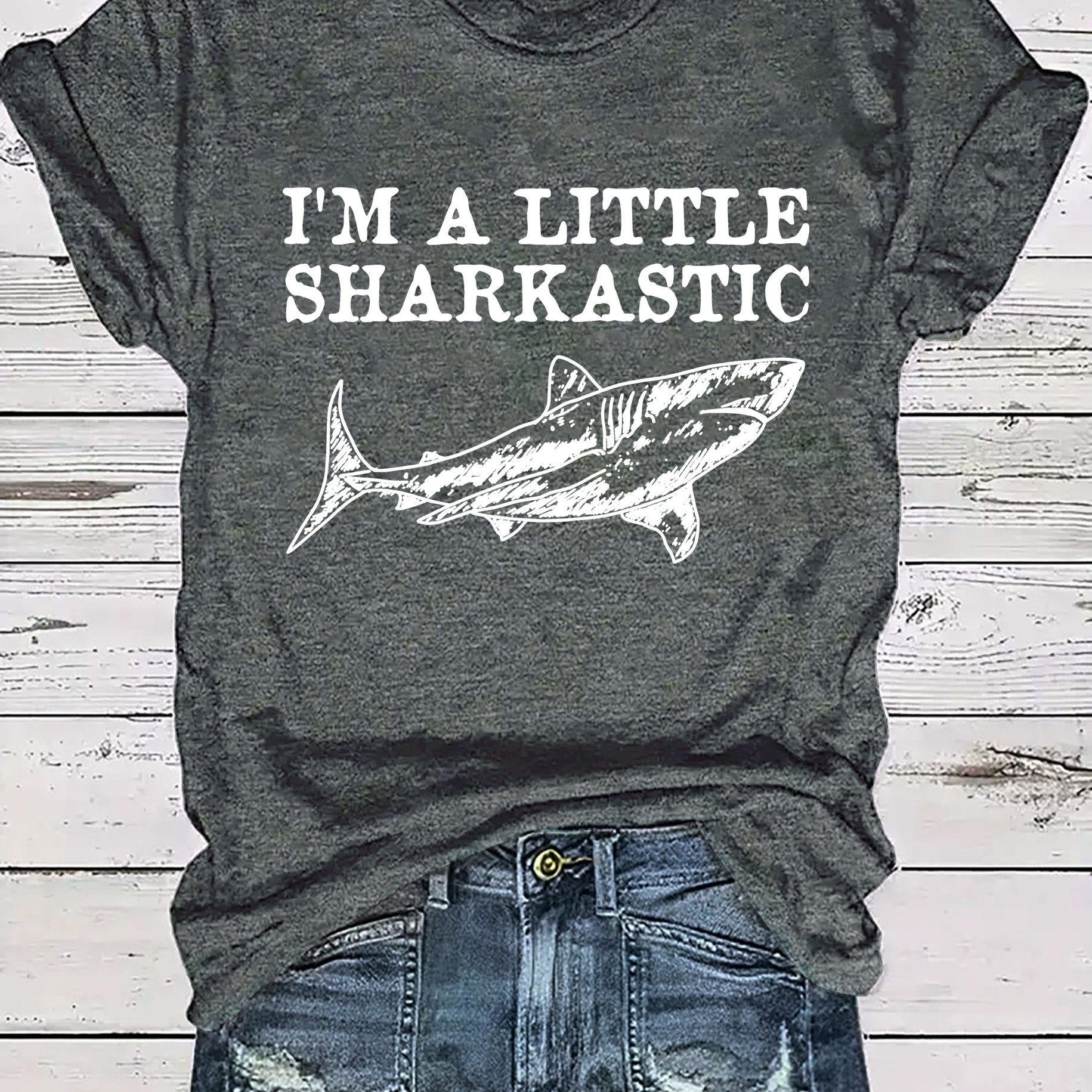 TEMU Women's Casual Crew Neck T-shirt, Polyester Knit Fabric, Regular Length, With "i'm A Little Sharkastic" Slogan And Shark Graphic, For