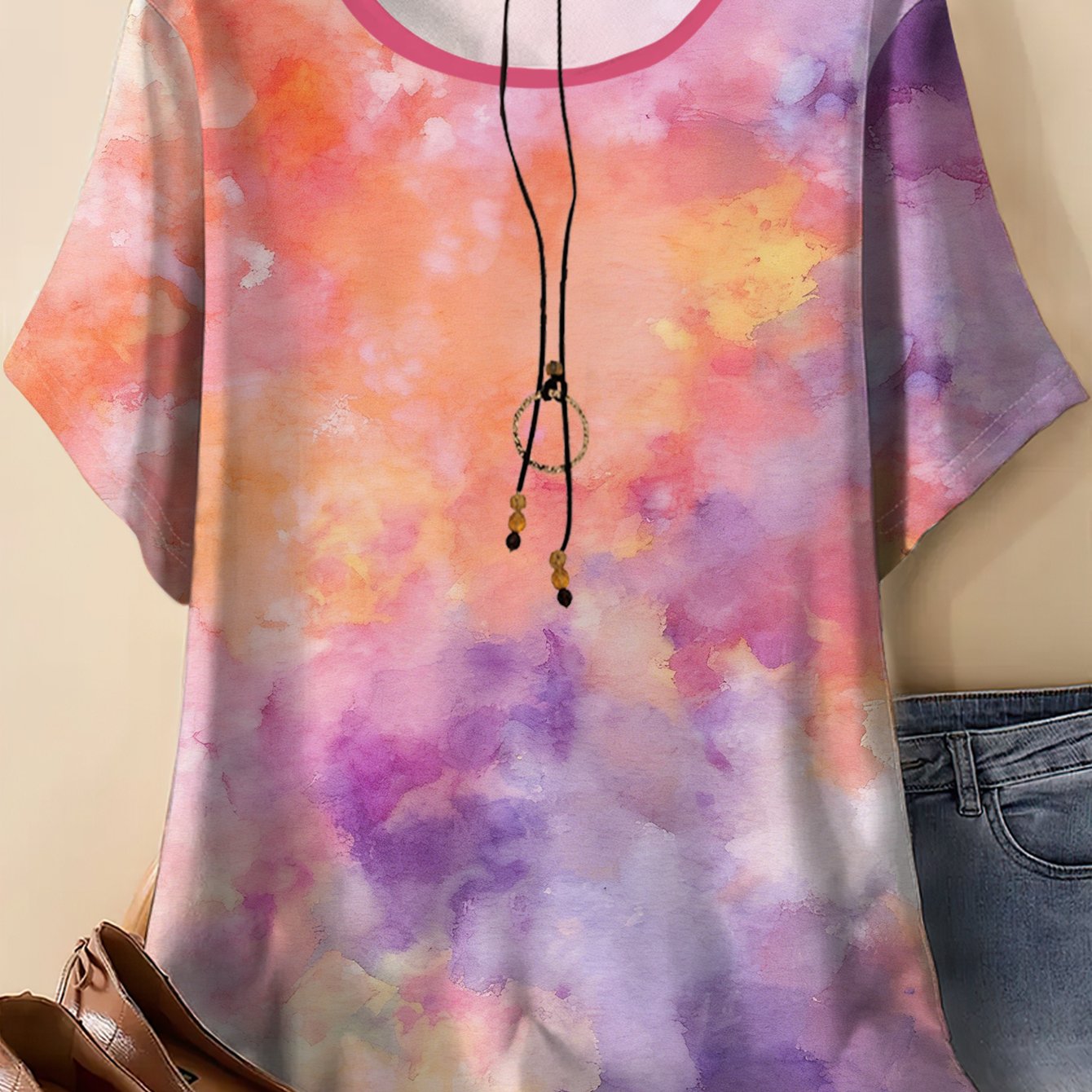 Plus Size - Plus Size - Plus Size Round-neck Short-sleeve T-shirt With A Vibrant Artistic Style Featuring A Pink-orange-purple Gradient Tie-dye Background And Watercolor Texture Print Design. Loose
