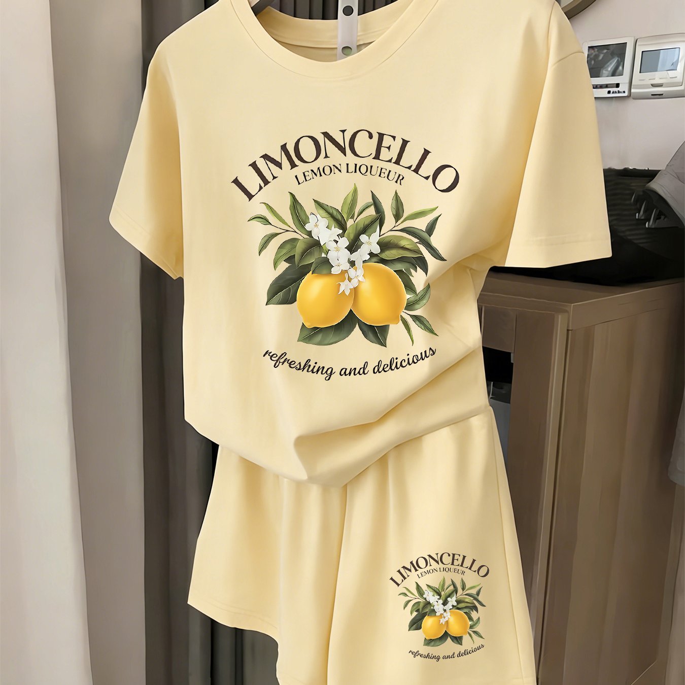 TEMU 011 Set: Kurzarm-T-Shirt Shorts mit Zitronen-Aufdruck, 2-teiliges Set, Frühling/Sommer, lässiges vielseitiges Damen-Outfit, hübsche leichte