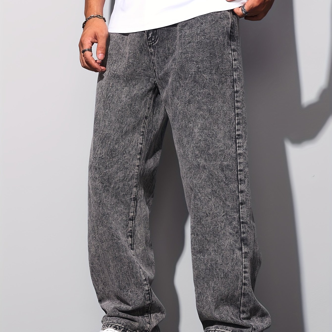 Image of 1pc Street Loose Jeans, Vintage Snowflake Washed Wide Leg Trousers, Unisex (belt/hanger Not Included), Autumn Menswear