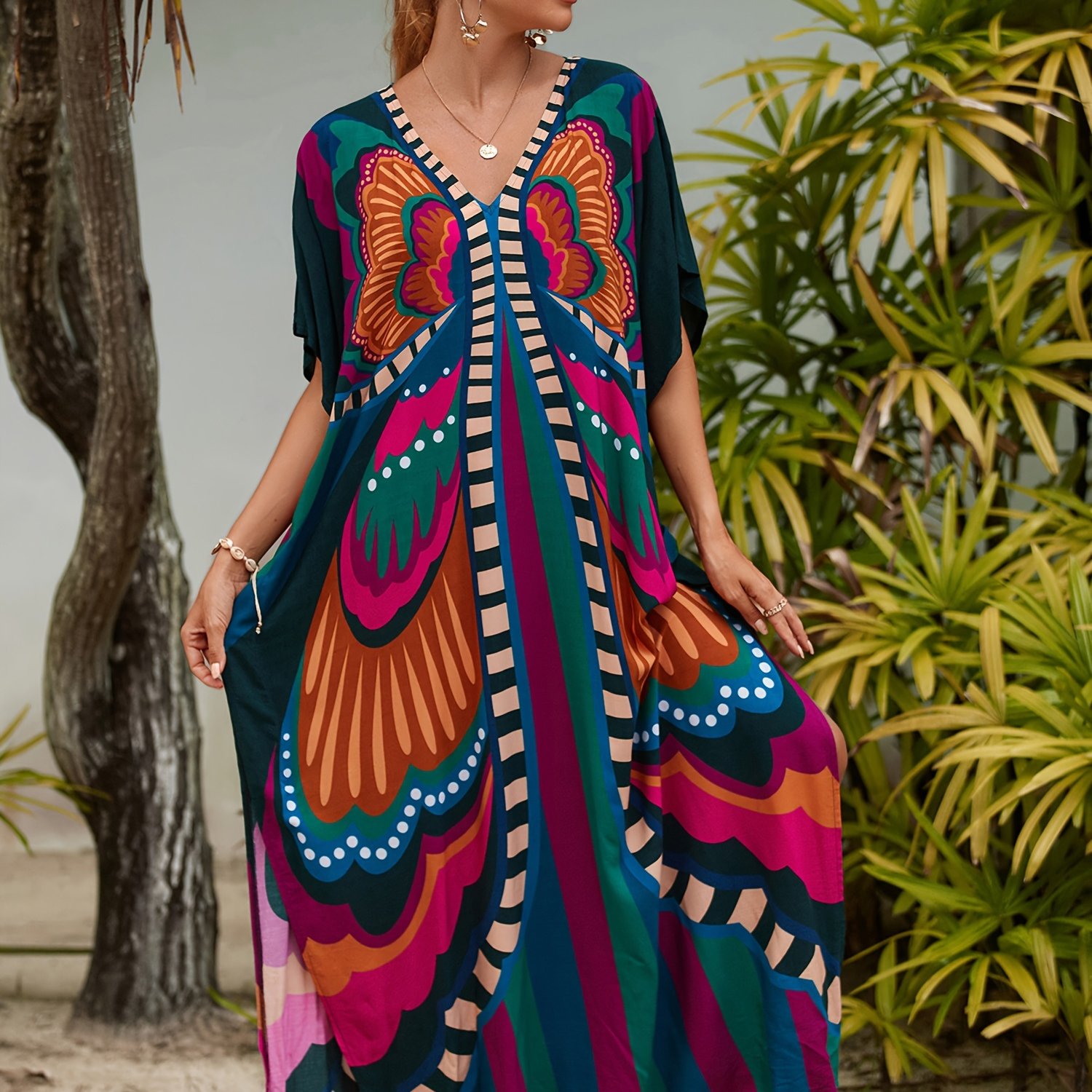 Plus Size, Plus Size Positioning Print Maxi Dress, Women's Plus Size Loose Cover-up Robe