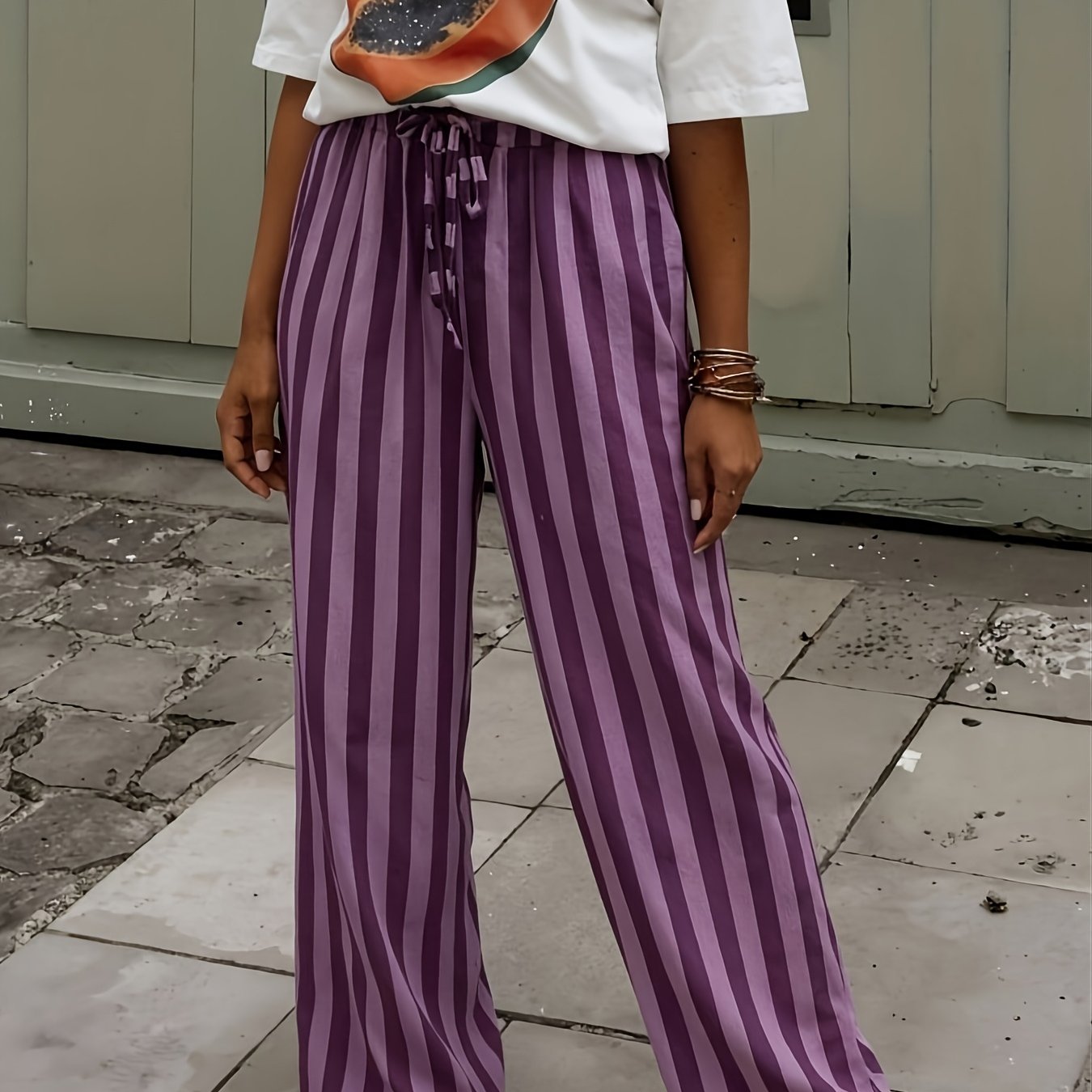 TEMU Women's Wide- Trousers - Vertical Purple & White Striped Wide Pants Suitable For Vacation, Travel & Casual Attire, Elastic-free Drape, Machine