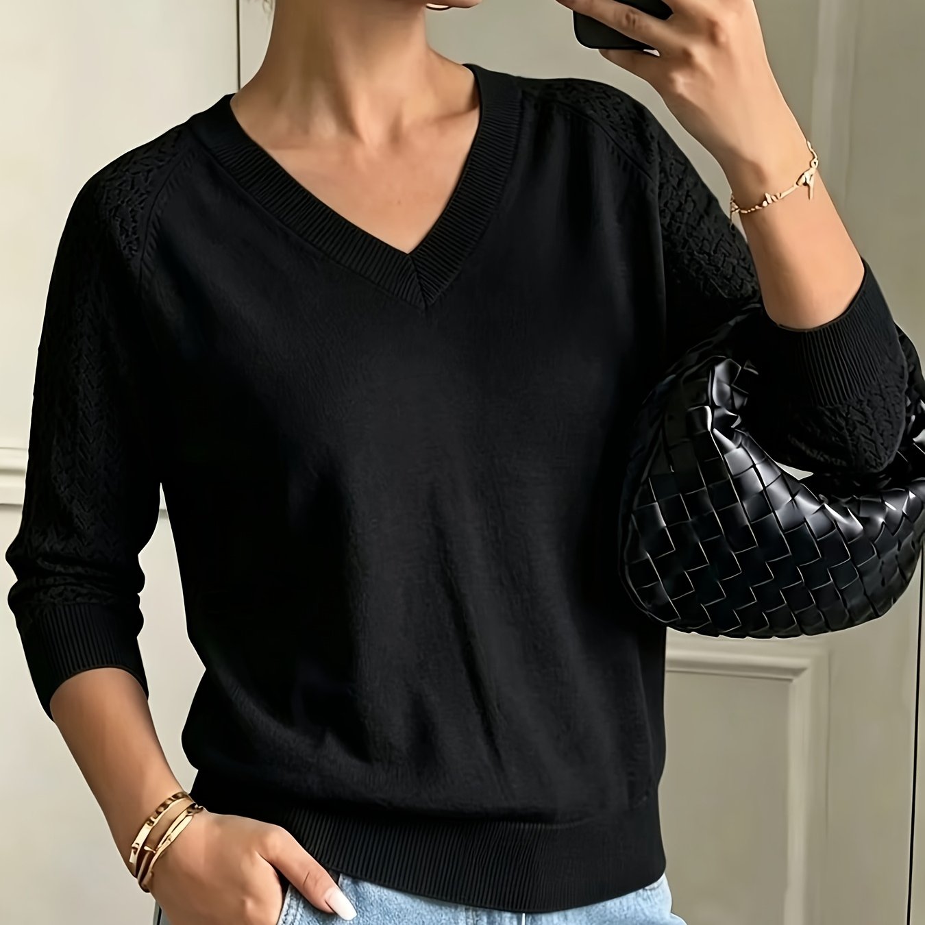 TEMU Women's Casual Elegant Hollow-out V-neck Pullover Long-sleeve Sweater