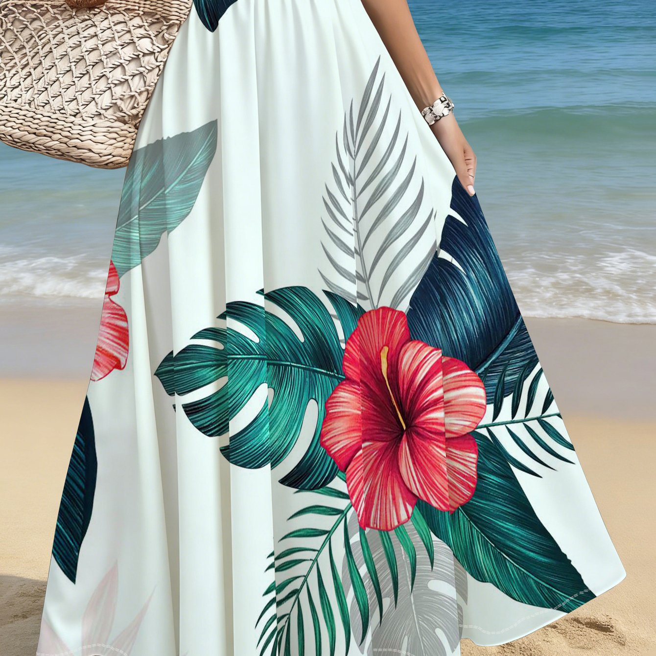 TEMU Ladies Tropical Floral Maxi Skirt With Large Hibiscus And Leaf Print, Beach, Vacation, Poolside, And Summer , Casual And , Ideal For And