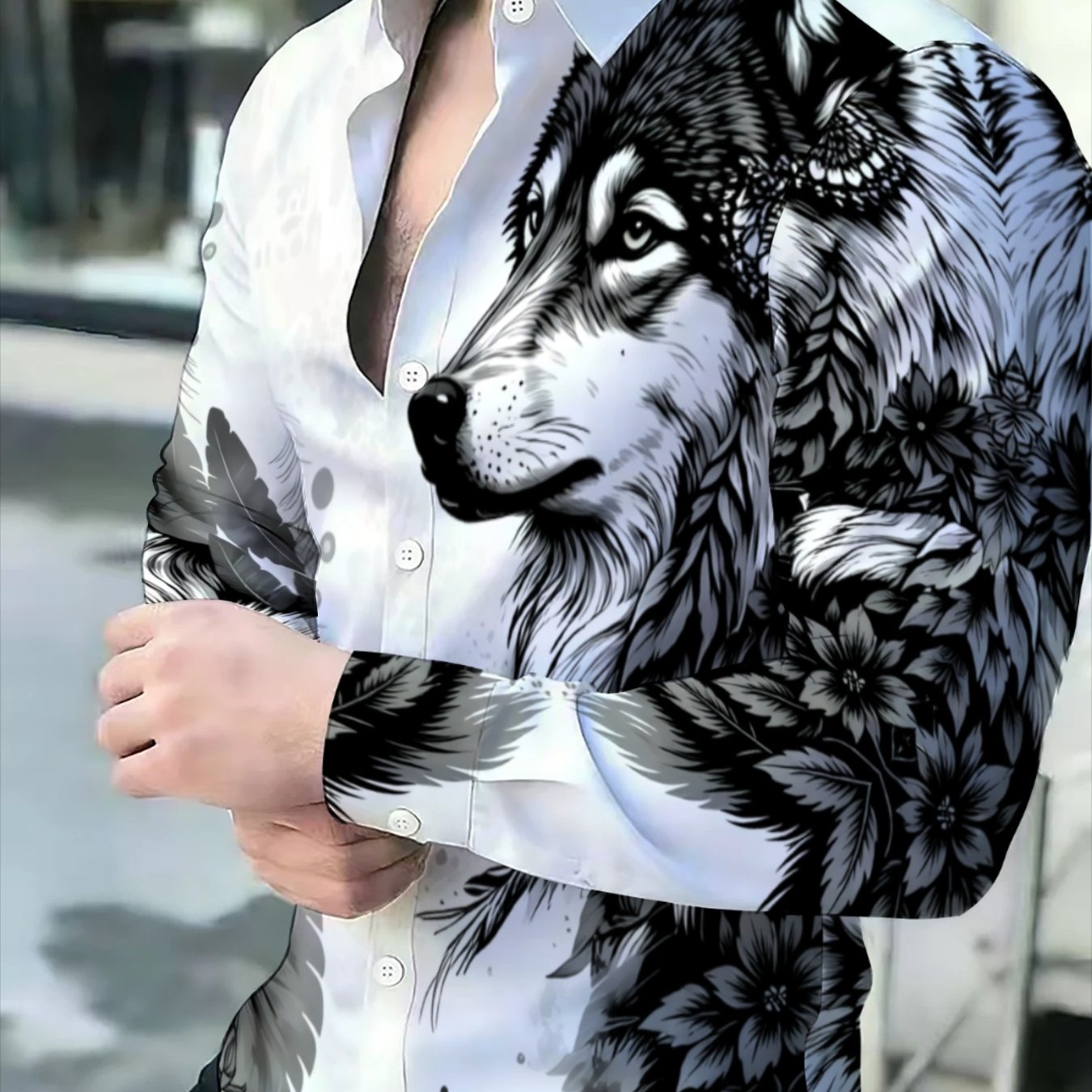 Men's Plus Size Long Sleeve Shirt Featuring A Stylish Wolf Head And , Embodying European And Trends. This Casual Loose Shirt Showcases Street Style With Its Unique Animal Pattern