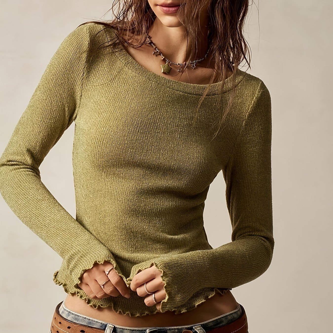 TEMU T-shirt 2026 Nouveau Printemps et Automne pour Femme, Uni, Col Ras du Cou, Manches Longues, Décontracté pour les Vacances et la Plage