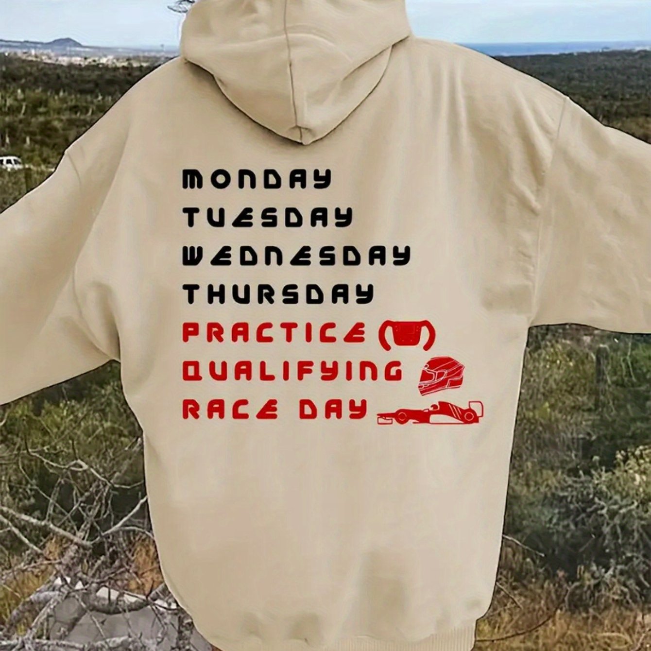 TEMU Women's Pink Graphic Print Hoodie - Casual Drawstring Sweatshirt With "monday-sunday" Design, Race Car & Trophy Illustrations, Fall & Winter