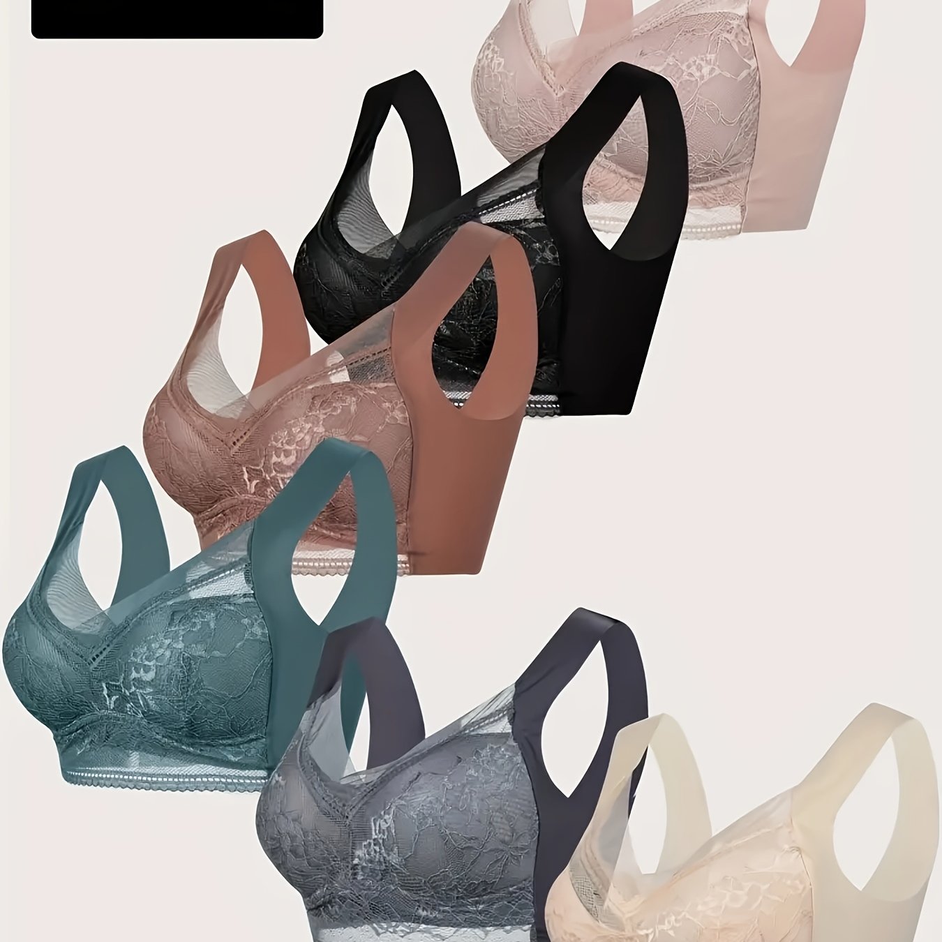 6-pack Women's Elegant Lace Back Wrap Bra, Wireless Gathered Vest Underwear, Multiple Colors, Breathable Nylon, Non-transparent, With Decorative Lace Details
