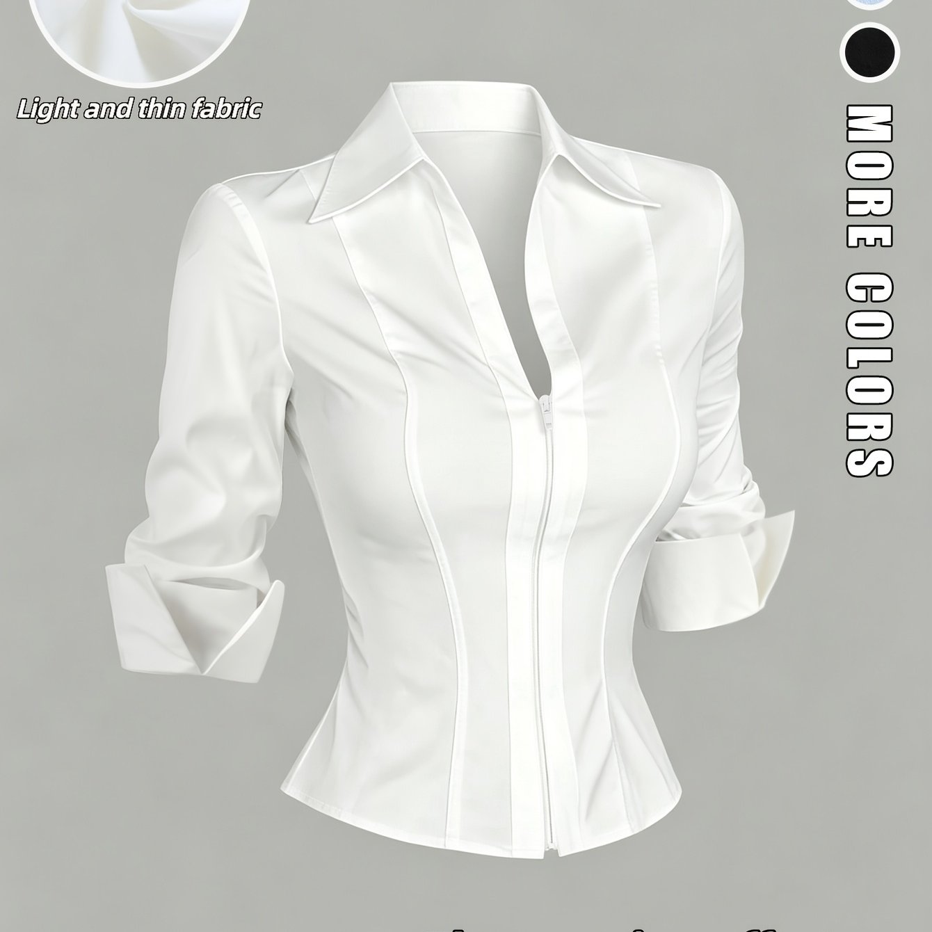 TEMU Autumn/winter Early Autumn Style Long Sleeve Women's Slim Fit Shirt, V-neck With Zipper, Thin Fabric, Open Front With Fold-over Cuffs, Office
