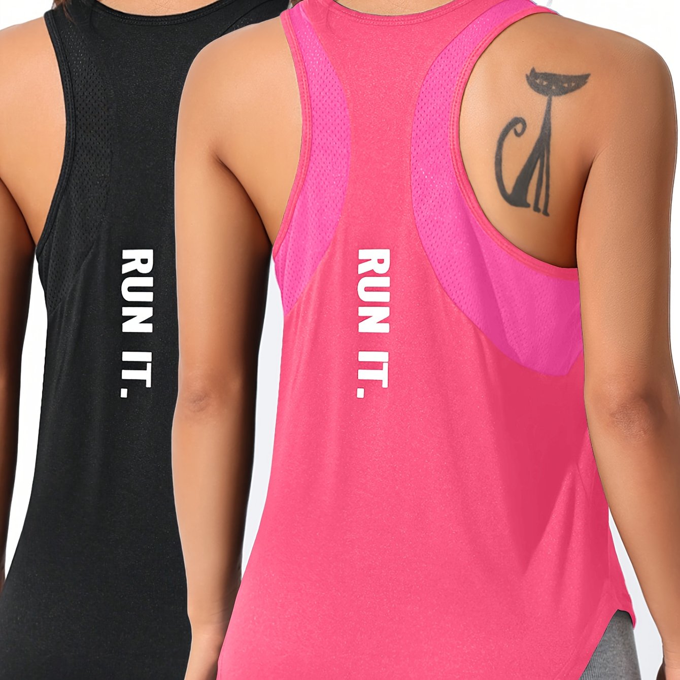 TEMU 2pcs Solid Color Casual Back Letter Print Women's Sports T-shirt And Vest Set, Mesh Panel Comfortable Breathable Lightweight Women's Athletic