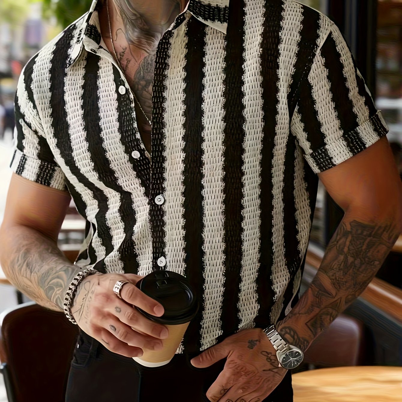 TEMU Tuo Le Mi Obm Men's Fashion Casual Loose Striped Textured Fabric New Style Short-sleeve Shirt