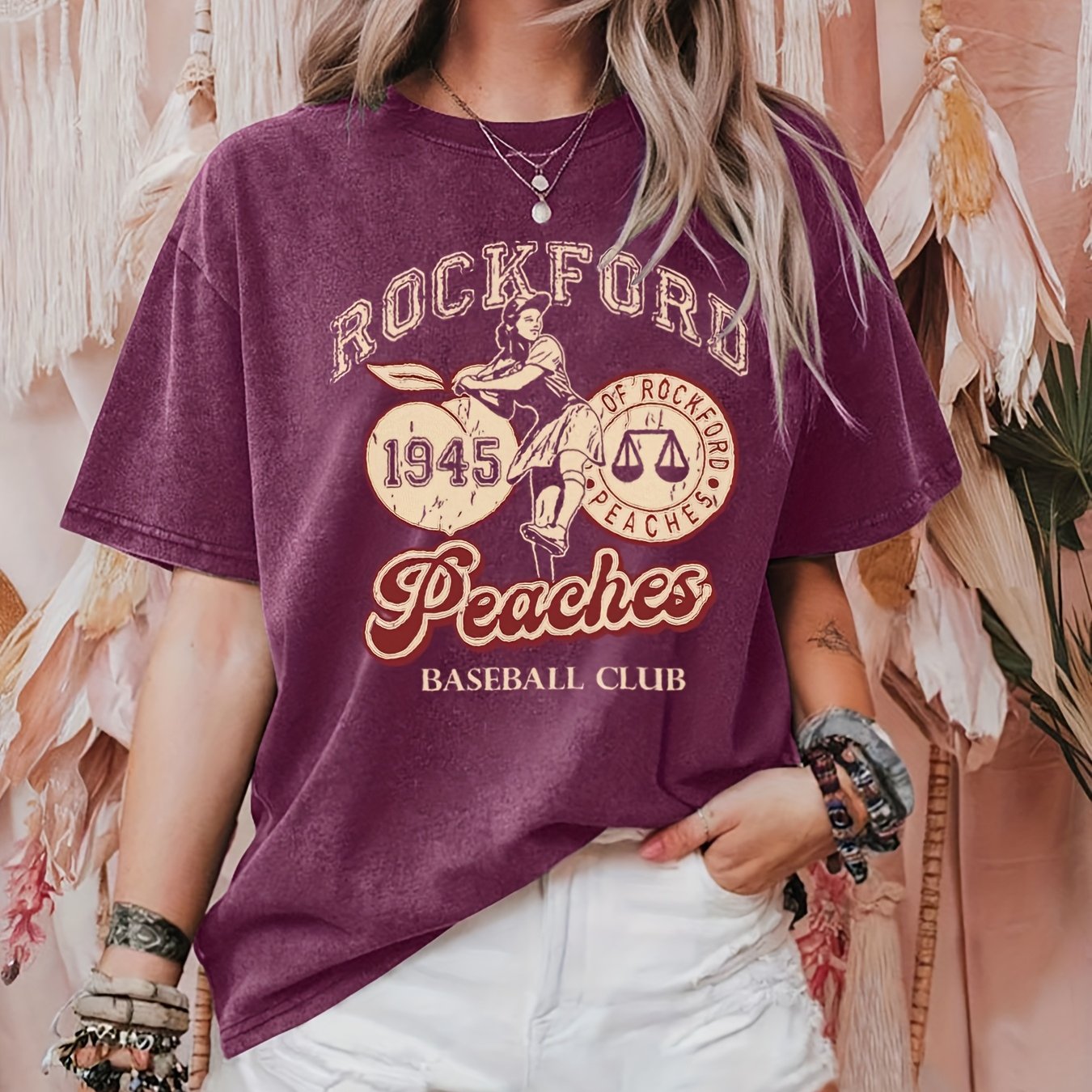 TEMU Women's Casual Summer T-shirt - Peaches Graphic, Short Sleeve, Round Neck, Lightweight Polyester, Red & , Casual