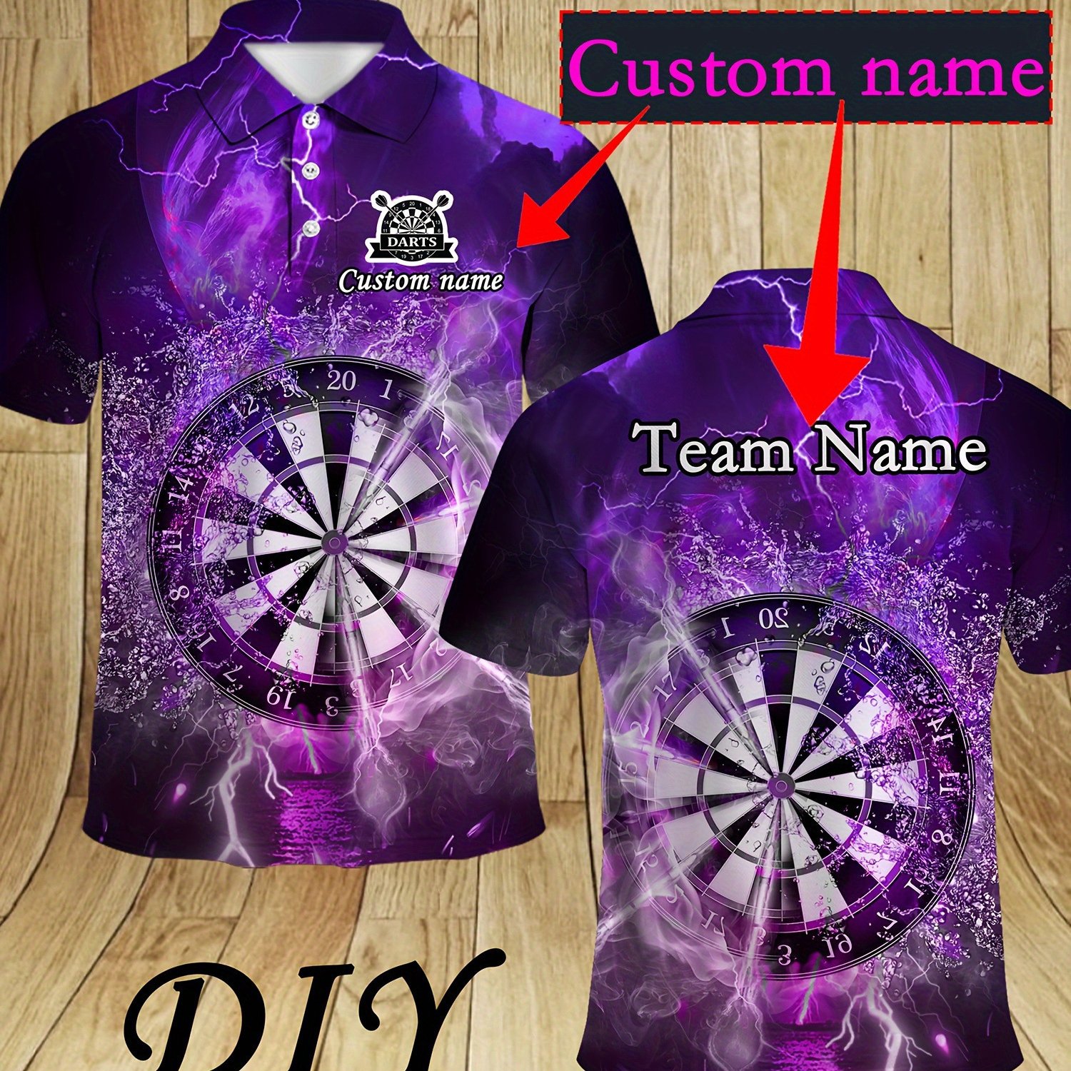 TEMU Custom Name Men's Shirt - Full-print Dartboard And Lightning Design, Personalized , Soft Stretchy Sports Casual Top, Dart Players And Fans, Plus
