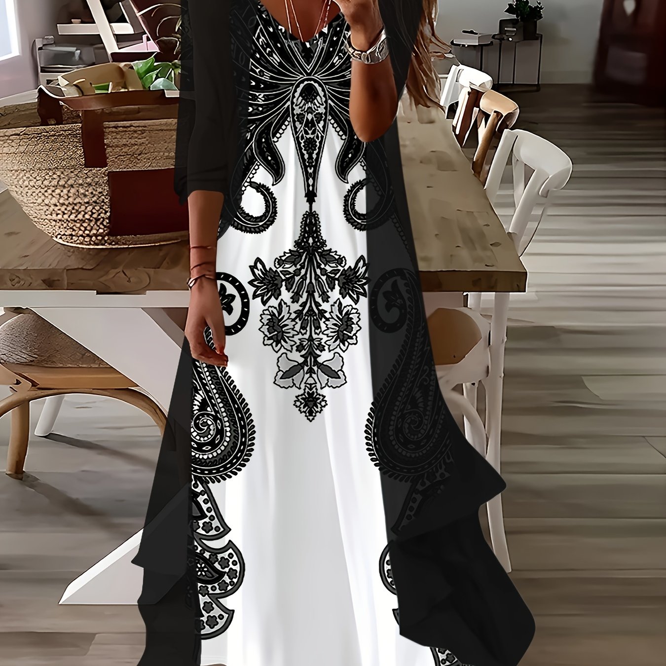 Qc Black And White Floral Print Dress Set