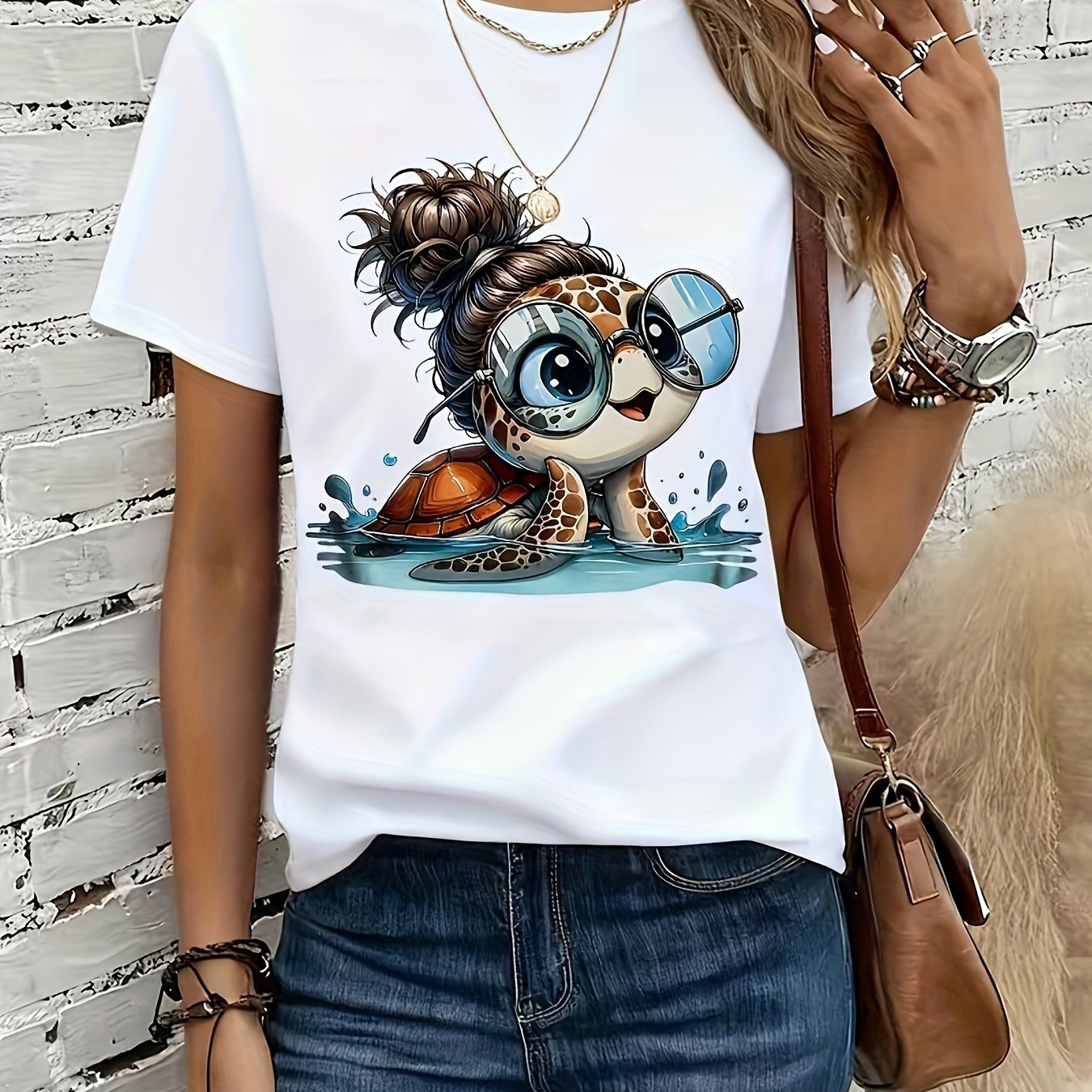 Image of A Turtle With Glasses And Hair Bun Theme Designed Pure T Shirt Women's T Shirt High Quality T Shirt Summer Casual Wear For Beach And Gifts For Who Love